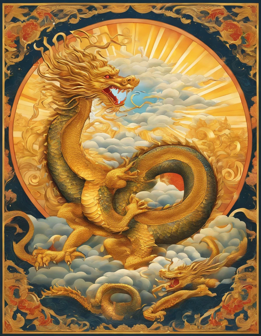 「Making an illustration of the golden dragon god。Long as a snake、Heading-up、Shōryū、sunny sky、spiritual、Spirit、chakra、The Spiritual World、Fantastical」