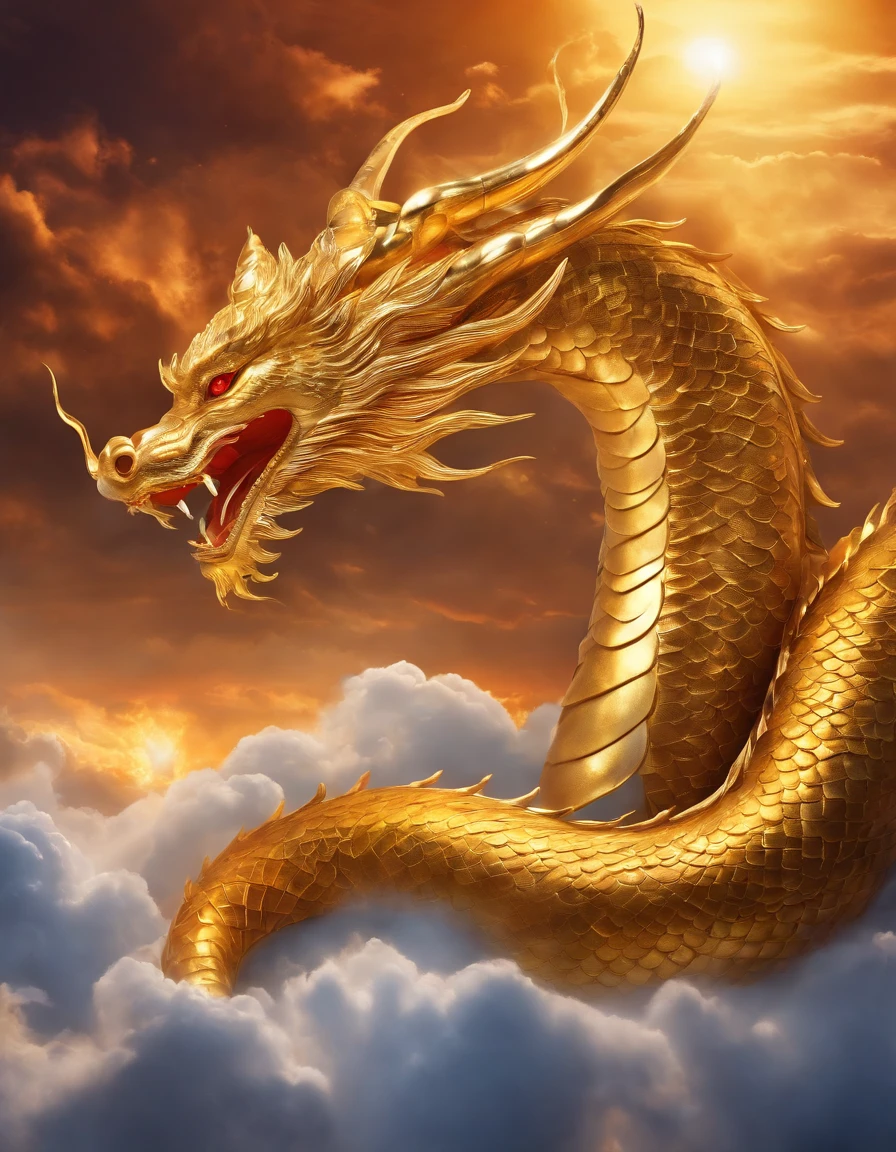 A golden dragon painted in a traditional Japanese style。The dragon flies through the air in a dynamic pose.、There are clouds flowing around it。The dragon's scales are detailed.、Golden shine、The expression is powerful and dignified。In the background, dark clouds swirling and lightning flashing.、Creates a dramatic and powerful atmosphere。The overall style is reminiscent of Japanese art from the Edo period.、Characterized by thick lines and fine details、Full of movement and energy。