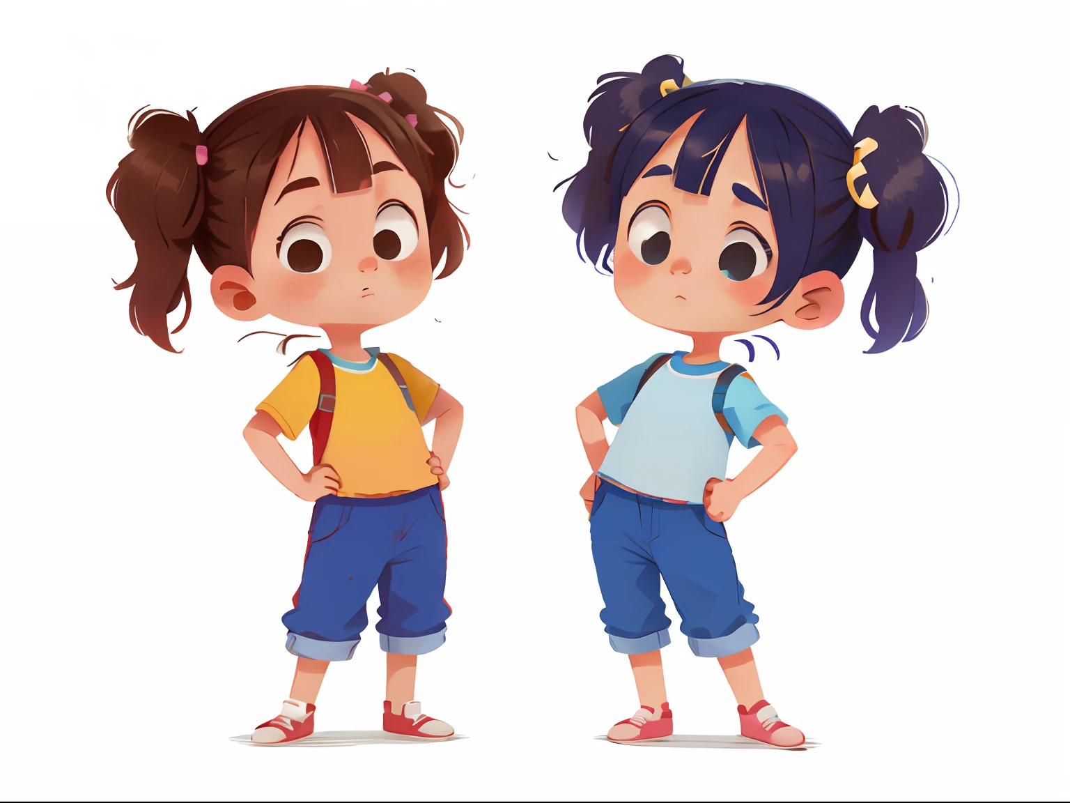 One Little Girl,Little girl in blue top and pants,With two pigtails,nothing background,adolable,a variety of poses,Various demeanors