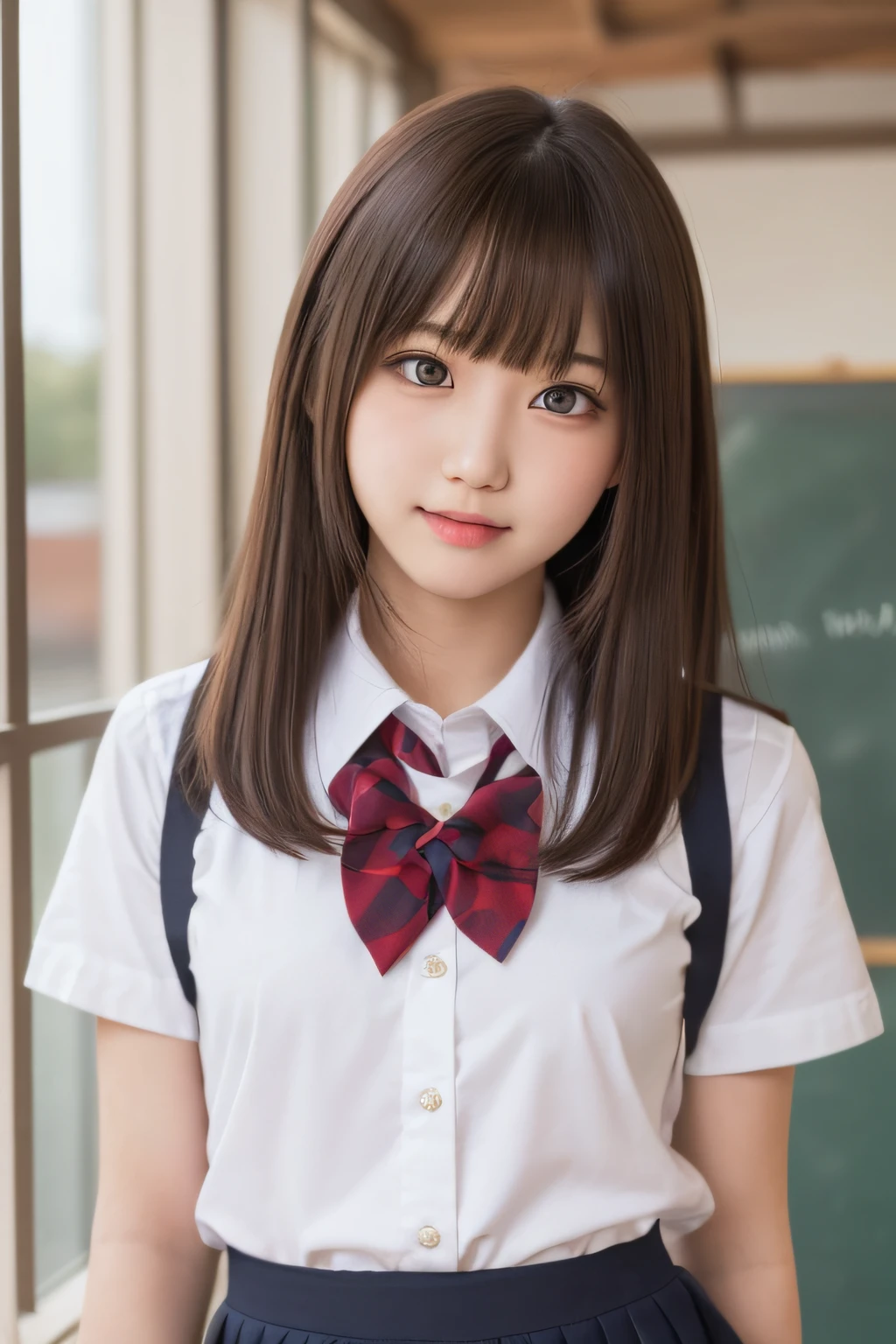 masutepiece, Best Quality, One girl, (Beautiful Girl:1.3), (16 years old:1.2), Very fine eye definition, (Symmetrical eyes:1.3), ((NSFW)), (School uniform, Cute skirt:1.3), Beautiful breasts, Brown eyes, Parted bangs, Brown hair, Upper teeth