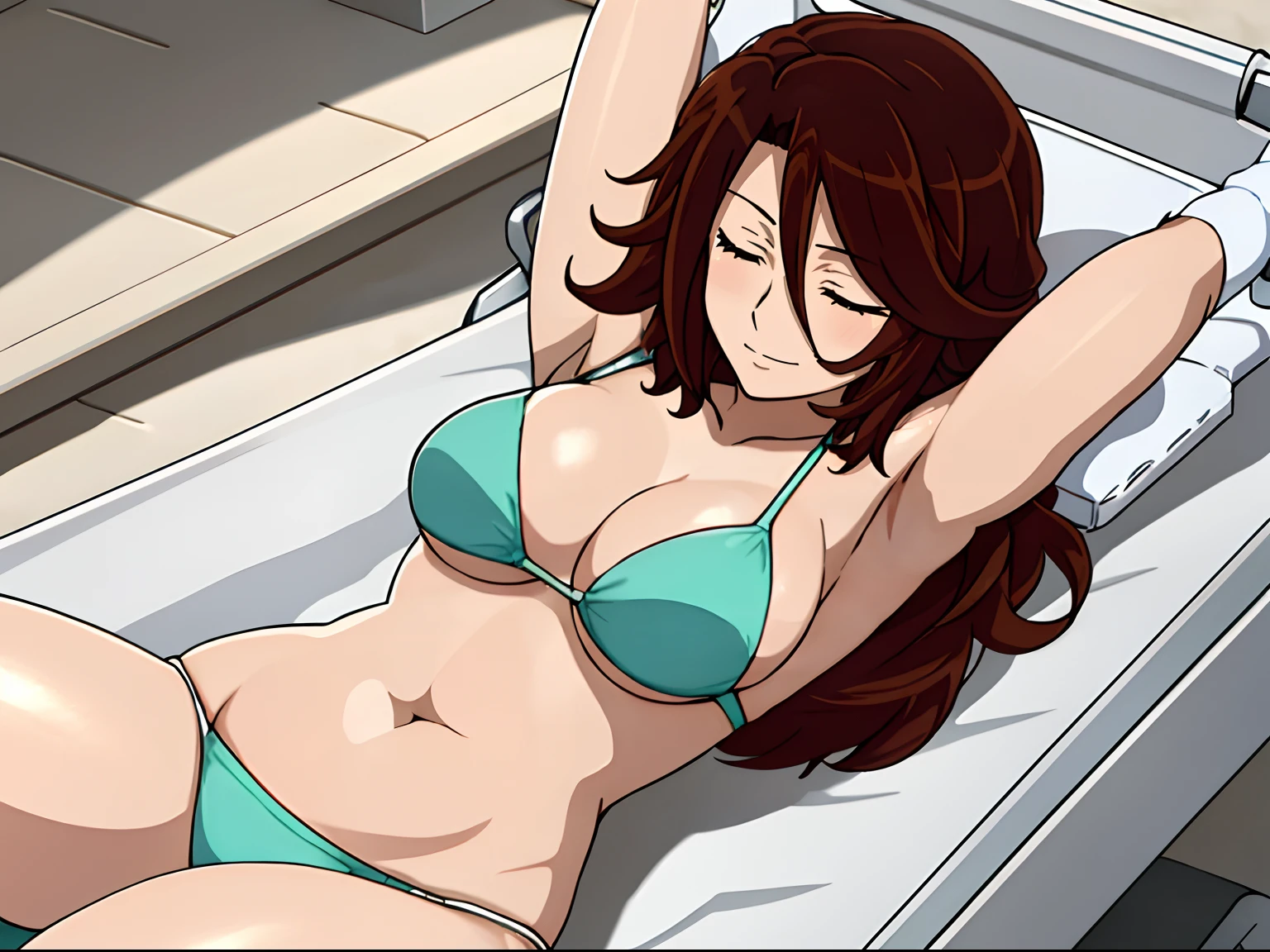 Elegant lady, \ anime style: 1.8, anime drawing, ultra detailed face, ultra detailed body, 4k, Sumergai Lee Noriega, ((sleeping down on stretcher, lying down on stretcher), closed eyes), best quality, anime style, hires, highest definition, digital blending, bold drawing lines, (location: beach, sunbathing), ( slim body, (little biceps), , off-shoulders, closed fists, (curvy: 2.8)), ((bikini , white gloves, armpit protector, (chaps))), victorious, winner, gentle, (pale skin, shiny skin, very big breasts, smile), (big eyes, brown eyes), (brown hair, loose hair), 27 years old,