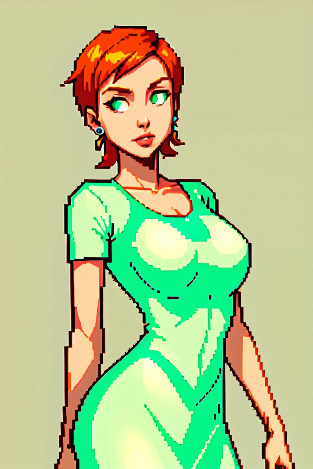 masterpiece, high-quality,Gwen, 1girl, solo, green eyes, short hair, orange hair, earrings, lighting like a movie top-quality eye from below Lower body up pixel pixel art