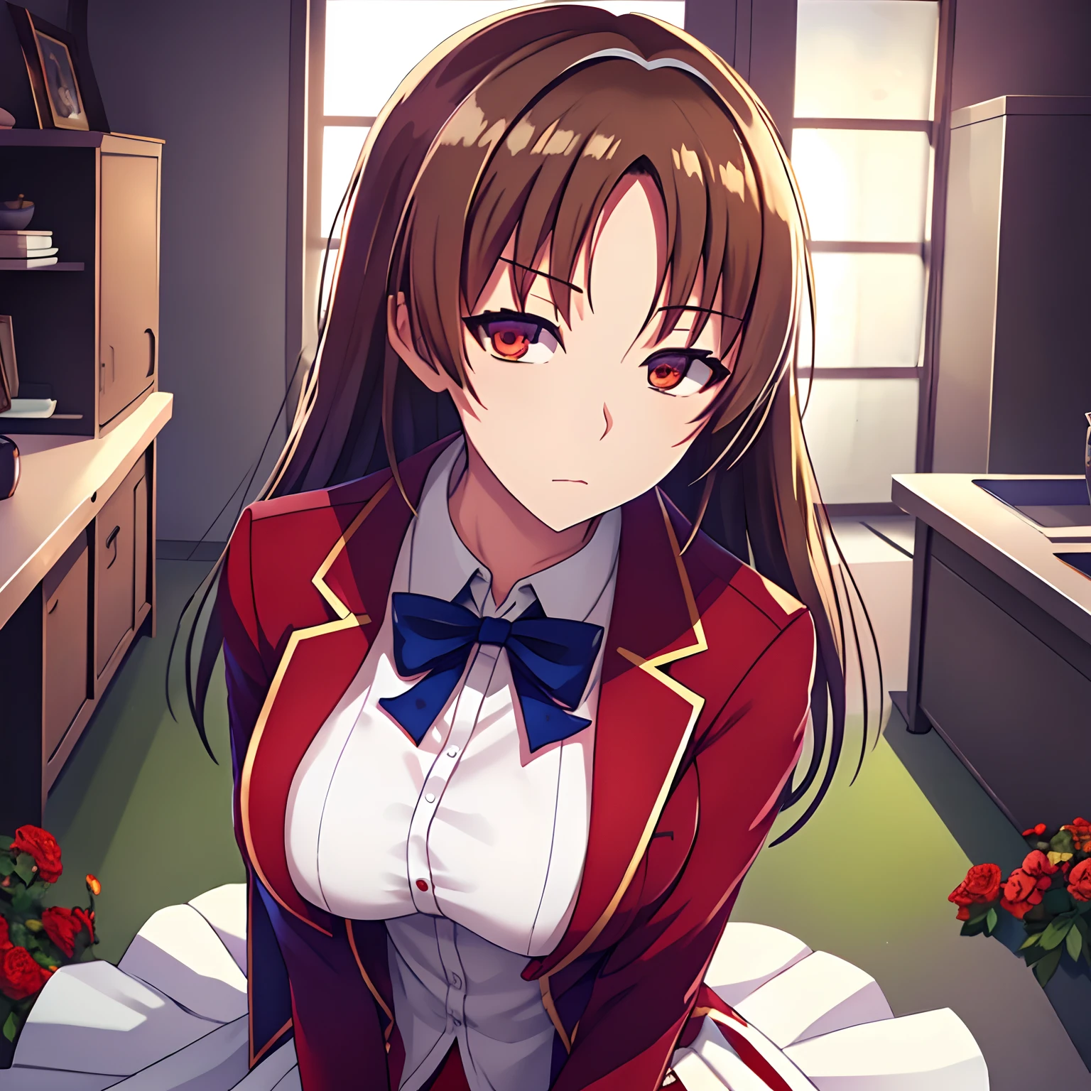 hight resolution,ultra-detailliert,Slender eyes,独奏,One lady,One tall woman,((spiked hair)),((parted bangs)),Long,brown haired,brown-eyed,huge tit,Uniform with red blazer and blue ribbon,white skirt,