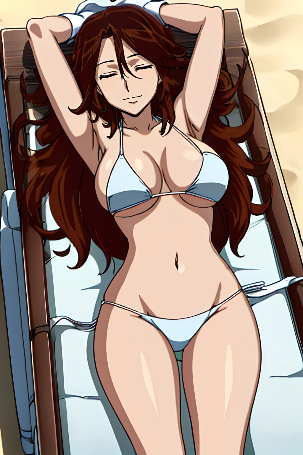 Elegant lady, \ anime style: 1.8, anime drawing, ultra detailed face, ultra detailed body, 4k, Sumergai Lee Noriega, ((sleeping down on stretcher, lying down on stretcher), closed eyes), best quality, anime style, hires, highest definition, digital blending, bold drawing lines, (location: beach, sunbathing), ( slim body, (little biceps), , off-shoulders, closed fists, (curvy: 2.8)), ((bikini , white gloves, armpit protector, (chaps))), victorious, winner, gentle, (pale skin, shiny skin, very big breasts, smile), (big eyes, brown eyes), (brown hair, loose hair), 27 years old,