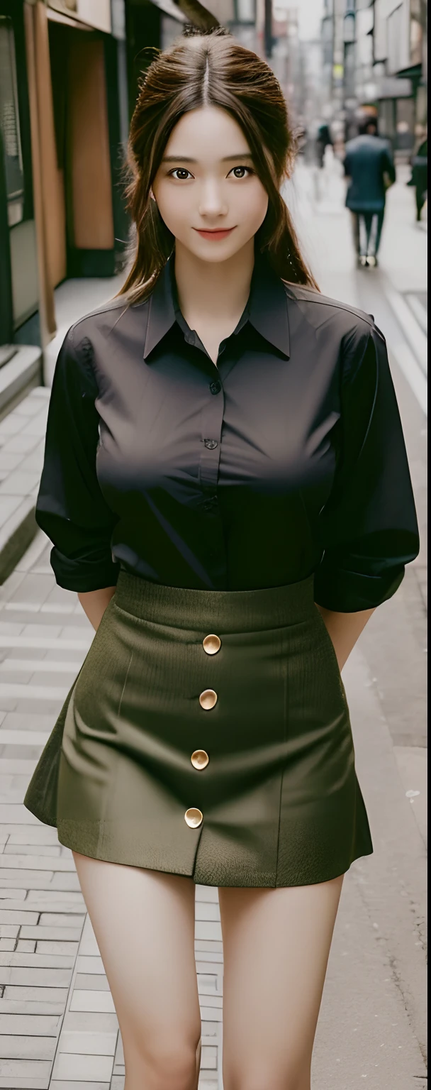 (realisitic、Photorealsitic:1.37)、((8k、RAW Photography、top-quality、masterpiece:1.2))、1girl in(Asians), 18year old, 独奏, Long, Looking at Viewer, Black eye makeup、Collared shirt with closed buttons、a miniskirt, Mysterious Eyes, innocent smiles, Realistic, A sexy, ((masterpiece)), ((intricate detailes)), Tokyo streets in the daytime, big breasts, the golden ratio、super hight luminosity, high level of brightness, Day time