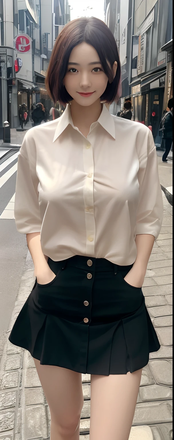 (realisitic、Photorealsitic:1.37)、((8k、RAW Photography、top-quality、masterpiece:1.2))、1girl in(Asians), 18year old, 独奏, Long, Looking at Viewer, Black eye makeup、Collared shirt with closed buttons、a miniskirt, Mysterious Eyes, innocent smiles, Realistic, A sexy, ((masterpiece)), ((intricate detailes)), Tokyo streets in the daytime, big breasts, the golden ratio、super hight luminosity, high level of brightness, Day time