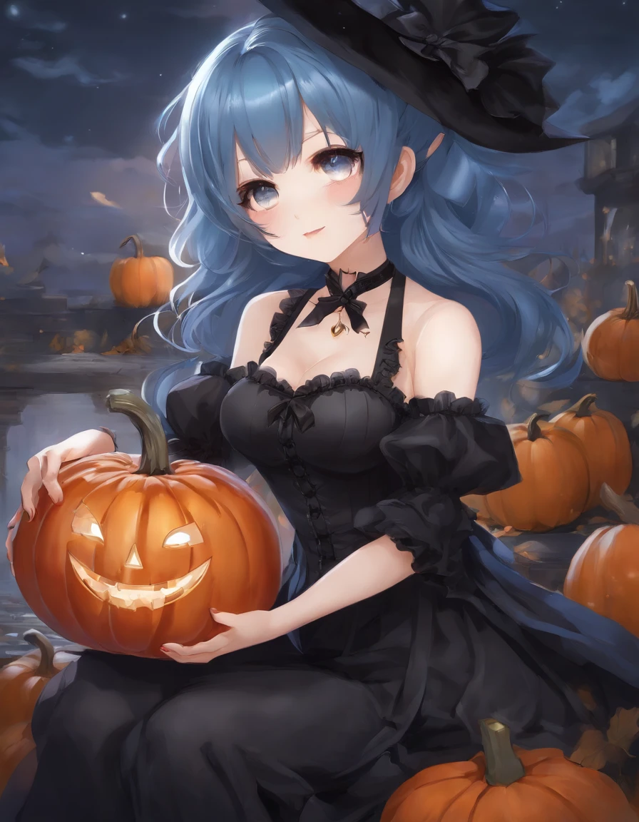 Sky blue hair, (Braided medium hair), (Pink eyes),Fair skin) ,(whole body),(One Girl),(harvest moon),(A large number of pumpkin ghosts in the background),(Trick or Treat),Halloween Party),(masterpiece, Highest quality, Very detailed, Best Shadow), (Detailed Background), (Beautifully detailed face), High Contrast, (Best lighting, Very delicate and beautiful), ((Cinematic Light)), Hyper Detail,8k, Dramatic Light, Intricate details,Witch's Clothes,Magic broom,Dim evening,