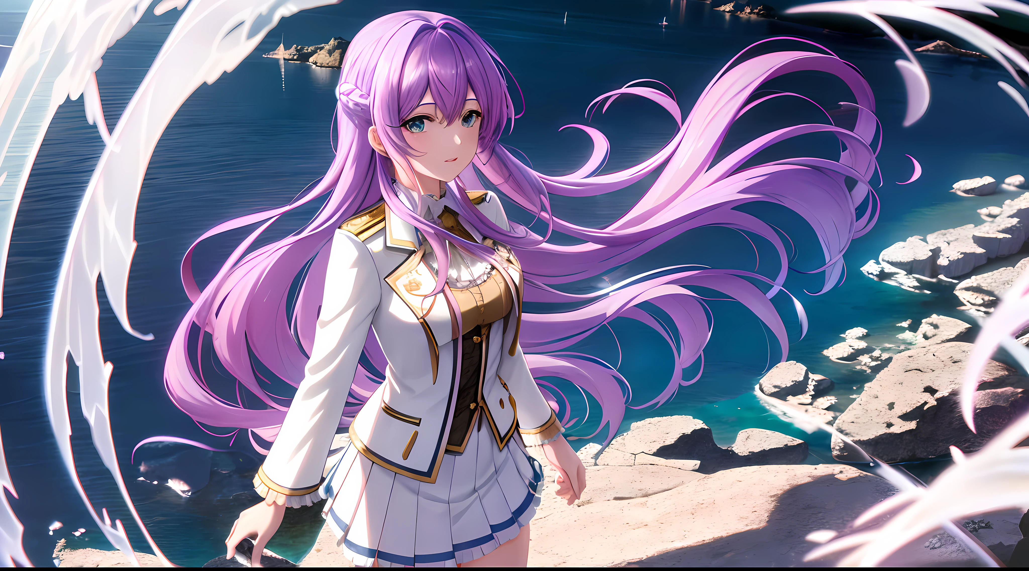 Athena with plain long light purple hair,hair between eyes,green eyes,rosy cheeks,full lips,thin eyebrows,slender body,wearing school coat adorned with frills and lace,golden pendant on neck and full long skirt,cute anime girl,full body,rocky cliffs shore in background,anime style,Lumen Reflections,Screen Space Reflections,Diffraction Grading,Chromatic Aberration,GB Displacement,Scan Lines,Ray Traced,Anti-Aliasing,FXAA,TXAA,RTX,SSAO,Shaders,OpenGL-Shaders, GLSL-Shaders,Post Processing,Post-Production,cell Shading,Tone Mapping,CGI,VFX,SFX,insanely detailed and intricate, 4K,standing, solo, masterpiece, best quality, detailed face, detailed eyes, highres, standing, solo,masterpiece, best quality