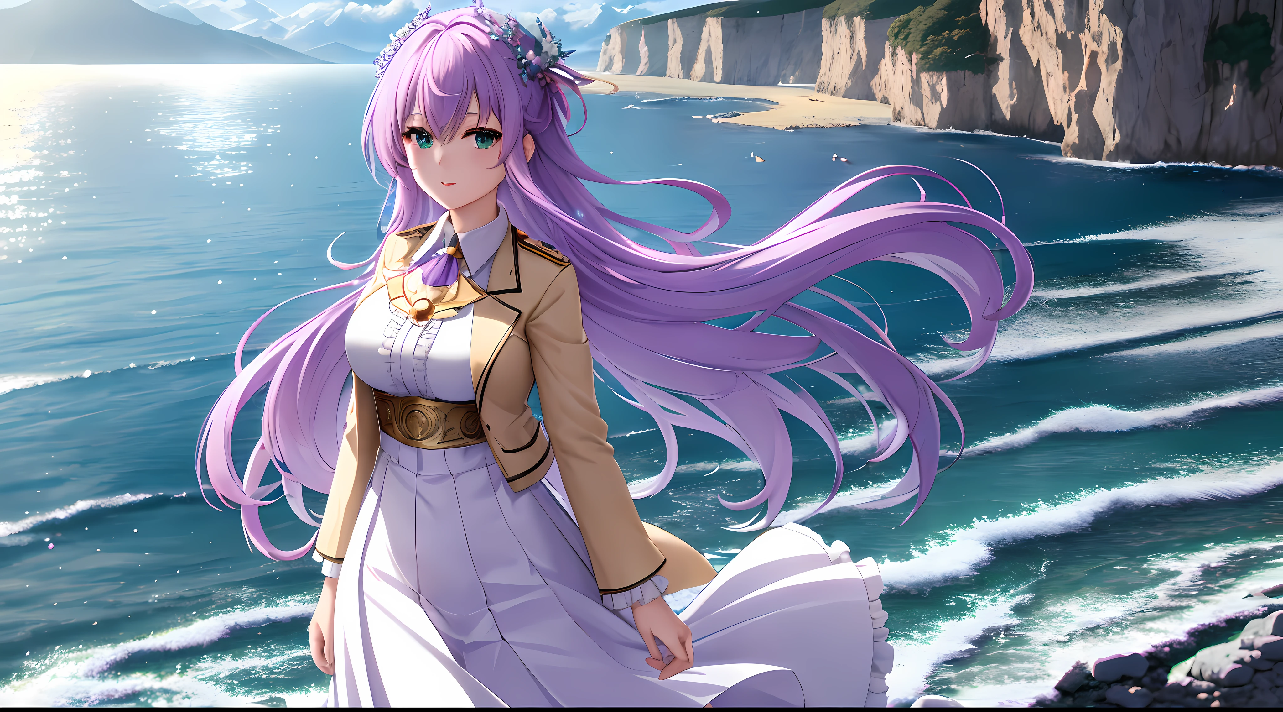 Athena with plain long light purple hair,hair between eyes,green eyes,rosy cheeks,full lips,thin eyebrows,slender body,wearing school coat adorned with frills and lace,golden pendant on neck and full long skirt,cute anime girl,full body,rocky cliffs shore in background,anime style,Lumen Reflections,Screen Space Reflections,Diffraction Grading,Chromatic Aberration,GB Displacement,Scan Lines,Ray Traced,Anti-Aliasing,FXAA,TXAA,RTX,SSAO,Shaders,OpenGL-Shaders, GLSL-Shaders,Post Processing,Post-Production,cell Shading,Tone Mapping,CGI,VFX,SFX,insanely detailed and intricate, 4K,standing, solo, masterpiece, best quality, detailed face, detailed eyes, highres, standing, solo,masterpiece, best quality