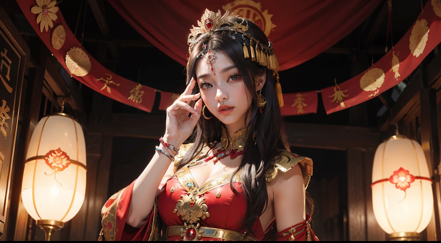 (realisitic,Photorealsitic:1.4),(1 beauty:1.3),(beautiful countenance:1.5),Detailed shiny skin,A detailed eye,Precise hands and fingers,8K HDR, , ​masterpiece, (Dynamic Angle Video),电影灯光, Finely drawn backgrounds,(Tribal style costumes,In nature,Carnal beauty,omatsuri:1.2),Greek Models,Ceremonial attire,Hair with red mesh,耳Nipple Ring,Ancient cities,Beautiful Finger、Precise hand and finger shapes