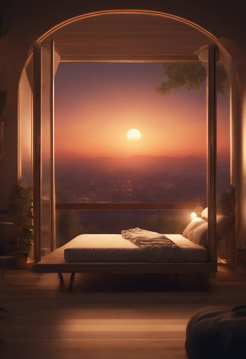 Game Engine Rendering, Ultra-high quality rendering, Clear lines, Geometry, masutepiece, Best Quality, Official art, C4D, extremely detailed CGunity 8k wallpaper, Very detailed, Illustration, Unreal Engine, Art Station, Unreal 5, daz, surrealism, Octane Rendering, High quality shadows, games, (Game Concept Art Design: 1.1), (Cartoon hand drawing style: 1.2), (Color: 0.6), Night, Moonlight, terraces, (Night: 1.3), (Indoor: 1.3), Apartment Bed Room, sofa, (Large windows), floor-to-ceiling windows, Night view outside the window, (Girl lying in bed), The table, doll, hanger,