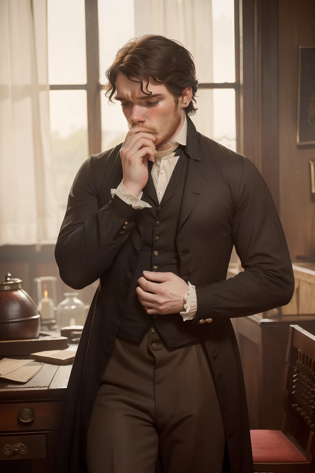 year: 1849. Location: Rock Island, Illinois. Pre-Raphaelite scene with a 31-year-old Richard Madden, sad, devastated, crying, tears, ((teary eyes)), ((horror expression)), covering his mouth, ((((Clothing from the 1840s, shirt)))) ((Hairstyle of the 1840s)), ((("OMITB" cinematography)))