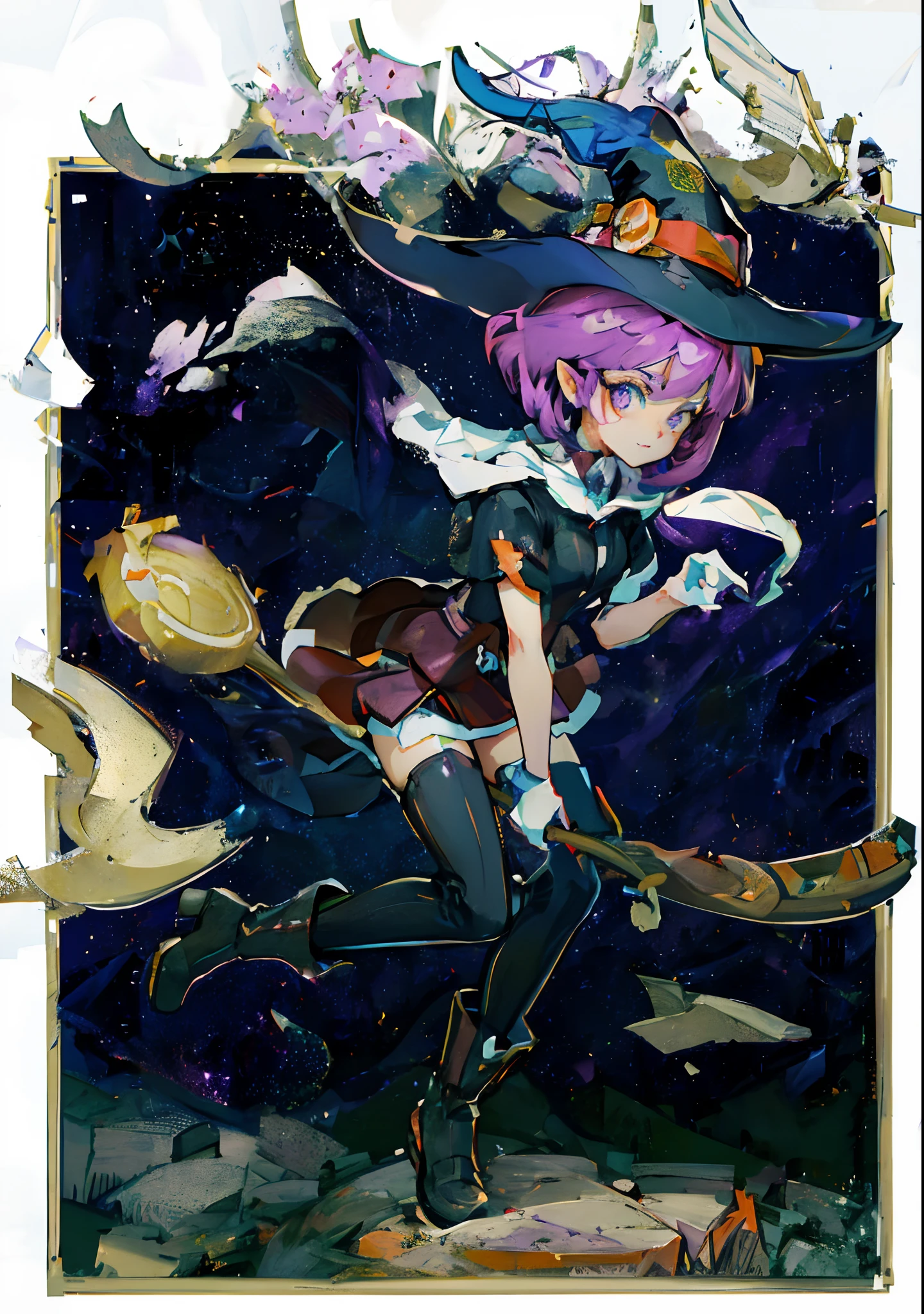 Black-haired mage, Purple-eyed man and sickle,in a halloween style,