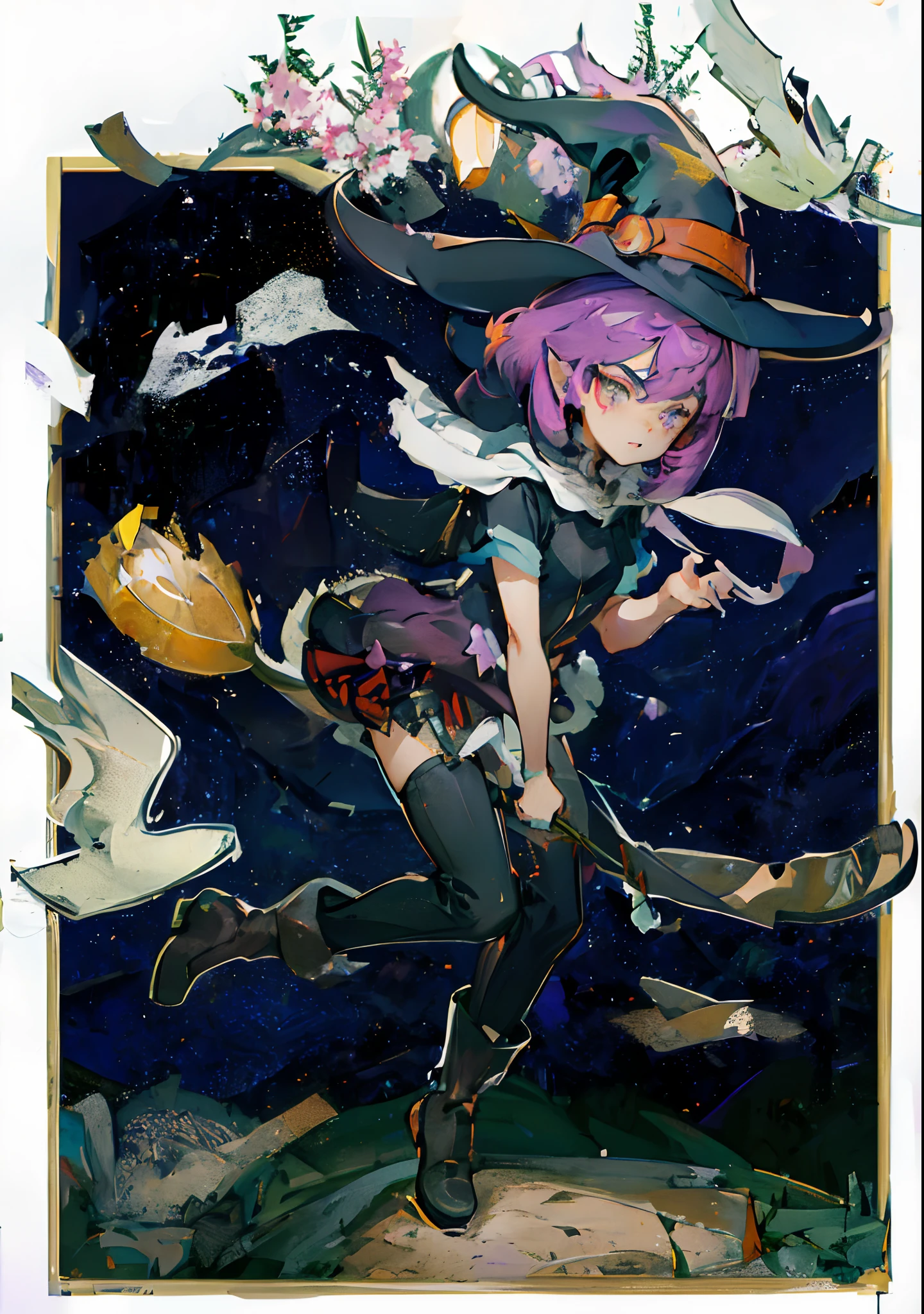 Black-haired mage, Purple-eyed man and sickle,in a halloween style,
