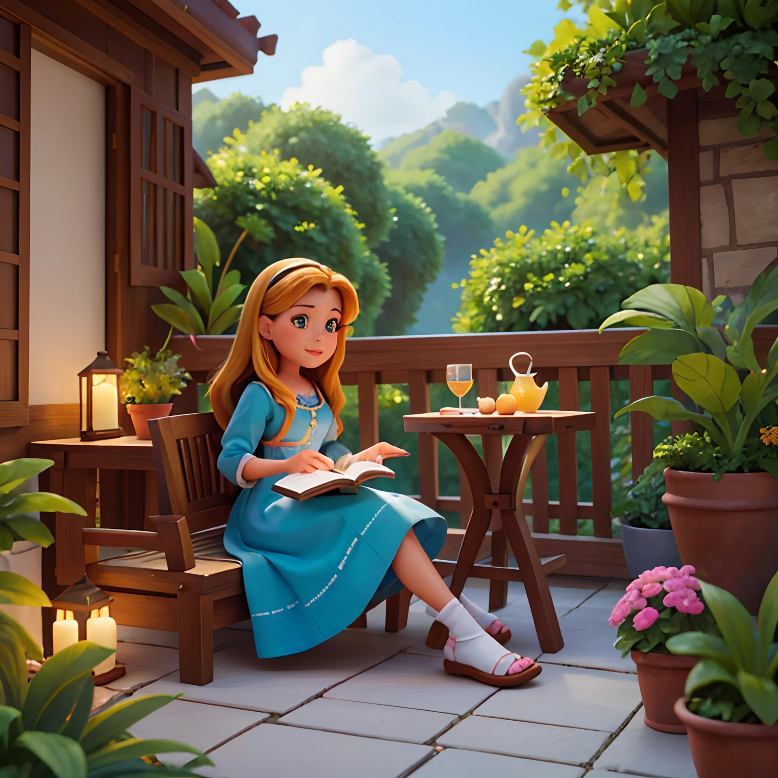 A woman sitting at a wooden table on the terrace, Nice and quiet place of soft light with potted plants, The beautiful woman is reading a book of fables, pequenas borboletas azuis sobrevoam o livro com se estivessem saindo de dentro livro, painting digital adorable, bela arte digital, Pintura realista, arte digital detalhada bonito, in style of disney animation, very magical and dreamy, Beautiful digital illustration, arte de pintura digital dos desenhos animados