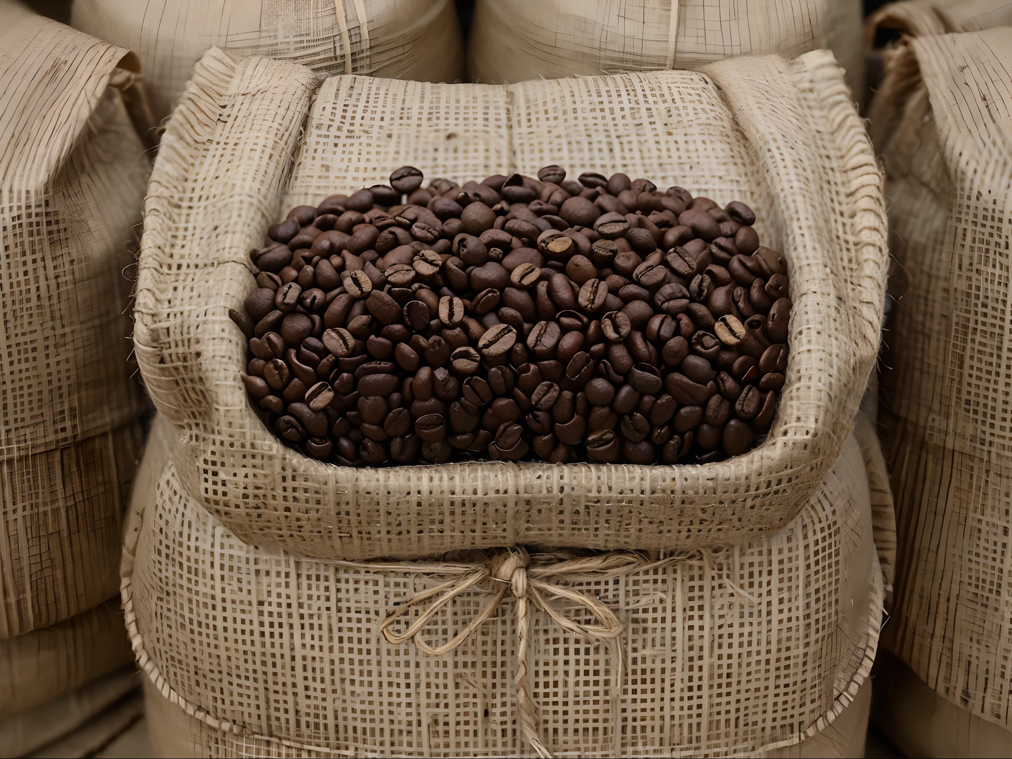 Coffee Beans in Burlap Sacks: Stacked bags filled with freshly harvested coffee beans.