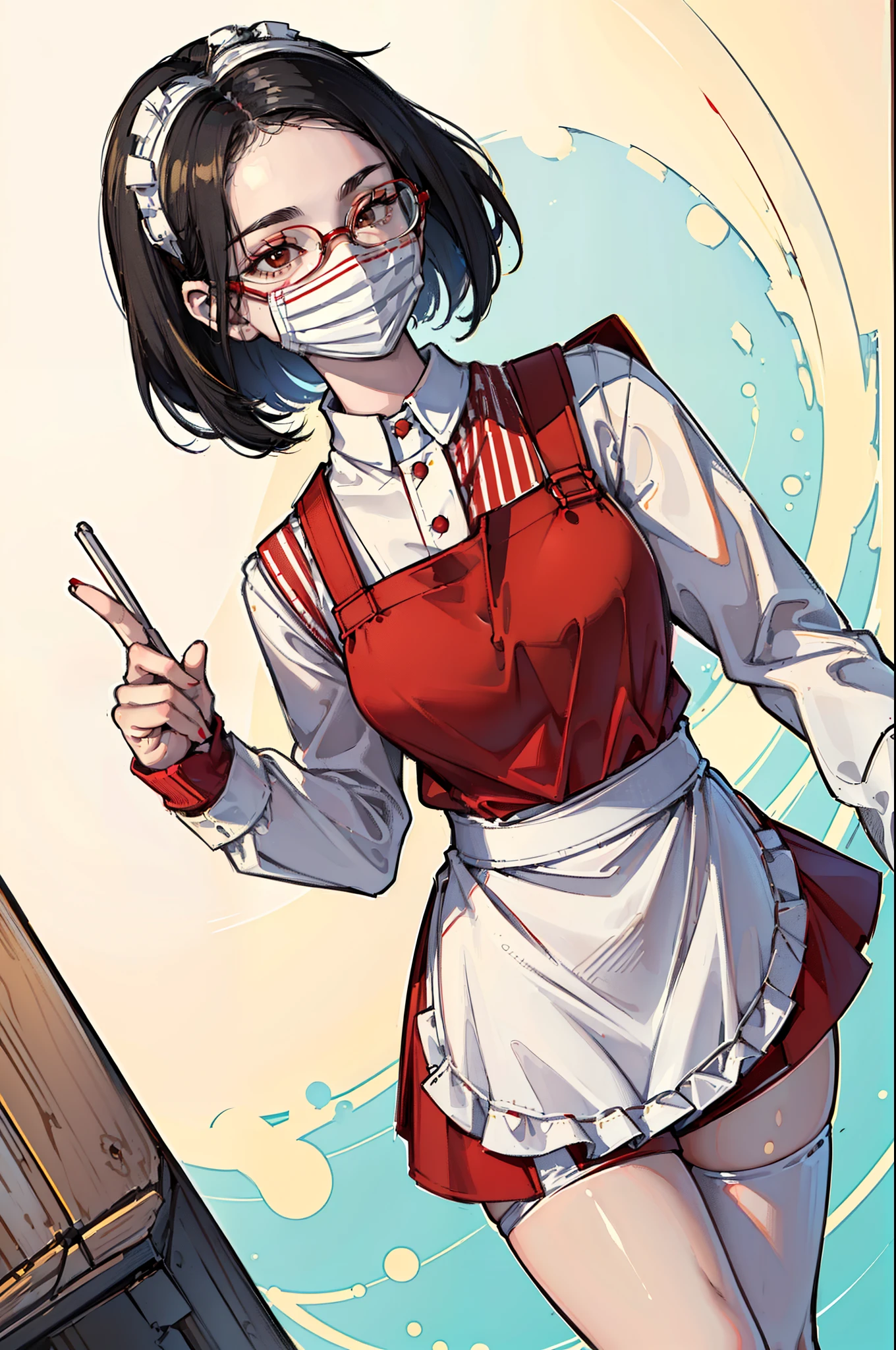 (masterpiece, best quality), 1girl, black Hair, shaved side haircut, ((wearing a White apron, red and white long sleeve shirt)), ((red short shorts with yellow stripes)), striped stockings, wearing glasses, ((halfbody pose, focus shot)), ((smiling, standing still)), ((wearing a face mask)), small breasts, perfect breasts