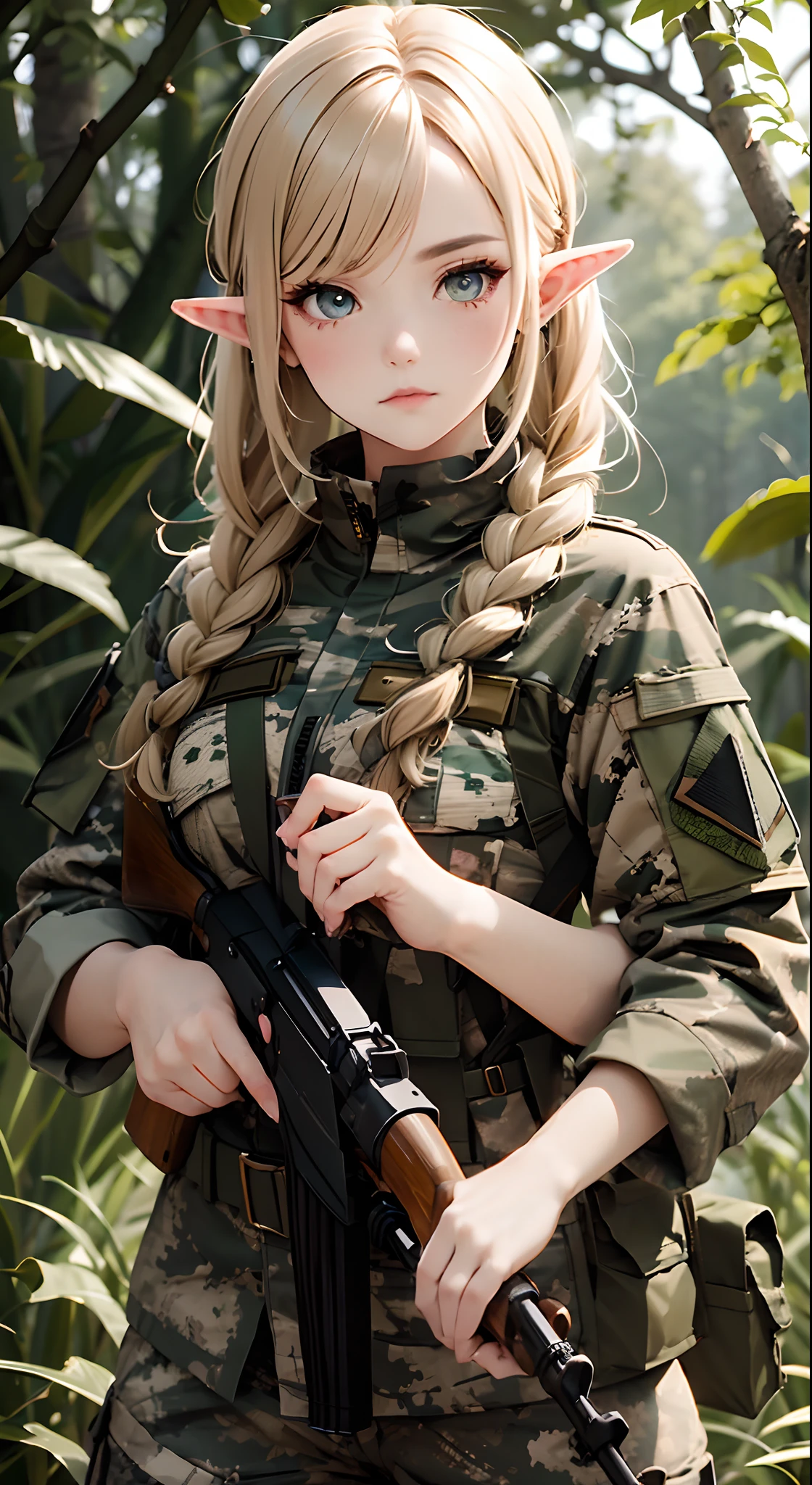 Female elf soldier, wearing Spotted forest camo Camouflage Military Uniform, russian military uniform, detailed eyes, detailed hands, detailed face, detailed hair, (elf with gonden hair), braided haircut, holding sniper rifle, forest background