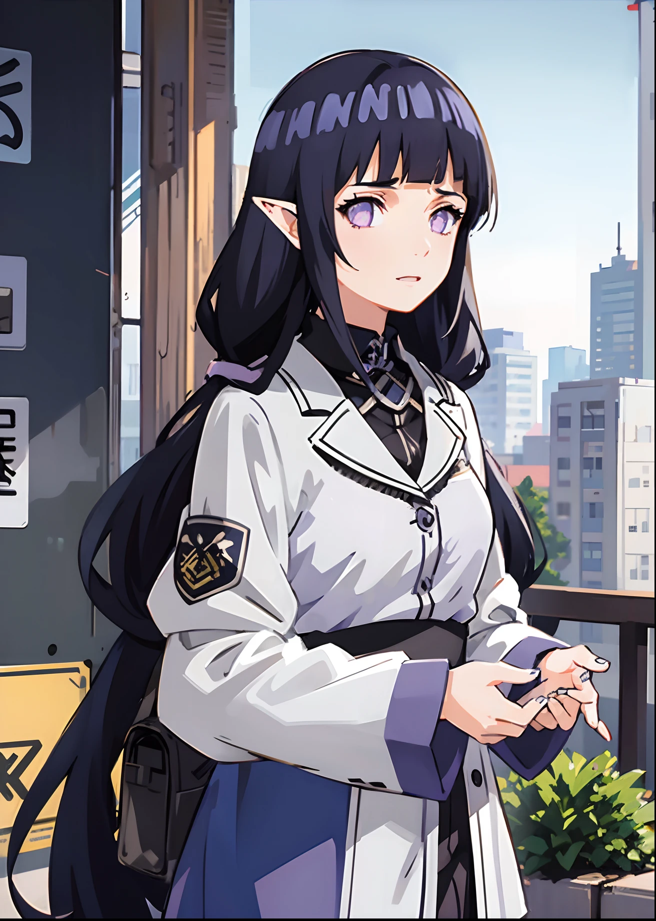 anime girl with dark blue hair and purple eyes standing in front of a building, anime visual of a cute girl, anime visual of a young woman, smooth anime cg art, female anime character, from girls frontline, stylized anime, girl with dark blue hair, girls frontline cg, detailed anime character art, young anime girl, fine details. girls frontline, elf ears, blunt bangs, twintails hair