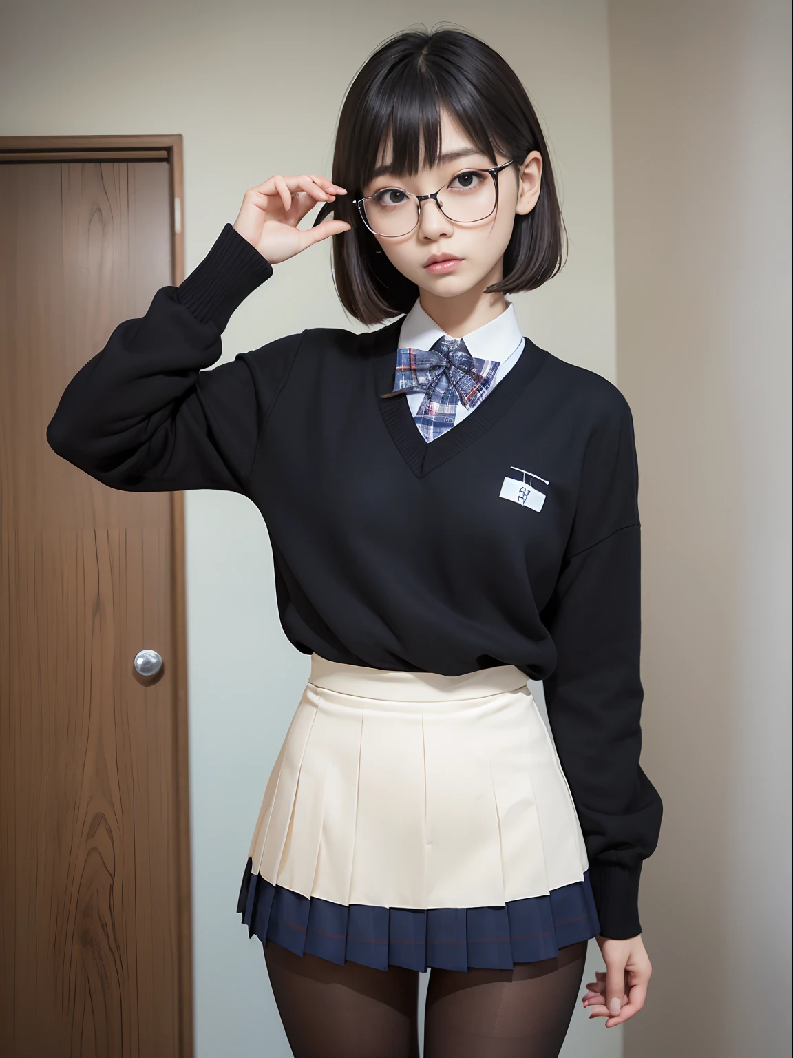 (Long bob cut),(Underwear is visible)、((Narrow-eyed))、((Narrow-eyed))、((Narrow-eyed))、(8K、Raw photography、top-quality、masterpiece:1.2),((small tits))、((small tits))、((small tits))、((small tits))、((small tits))、((A-cup))、((A-cup))、((A-cup))、((A-cup))、((A-cup))、Has a small、(flat breast)、(flat breast)、(flat breast)、(flat breast)、(flat breast)、(being thin)、light skinned、skin whitening、Dark look、Rasping,glamor,Chromo-white skin,cocky,School,watching at viewers,Looking at the front,Muchimuchi,High-pitched clothing,Erotic,Pupils,de pele branca,kne,((Black pantyhose)),absurderes,a small face,,Forehead visible,Bangs hanging from the left and right sides of the forehead,(a cold expression,Tight eyes,glares,Bullish,irate)、masterpiece,top-quality、超A high resolution,Raw photo,ren,Beautiful fece,One Person, 独奏,eye glass,,Dark look,Small breasts,fullllbody,Round glasses,JK school uniform,hi-school girl,A Japanese Lady,is standing,(Photorealsitic:1.37)、Photon mapping,Realistic、Beautie,Cute little face,Brown-eyed、Black socks、(Red bow tie)、Radio City、Physically Based Rendering、depth of fields、Blurry background、a picture,Body,beauty legs, Long legs, Thin leg,(Bangs are visible), hair, s lips, Blue_The eye, nosesoft,(Light blue shirt), (Navy and blue and white plaid pleated skirt), Knees are visible,Sheer clothing,, Thigh, Black cotton socks,Nogizaka Idol, 女優, Japanese ido