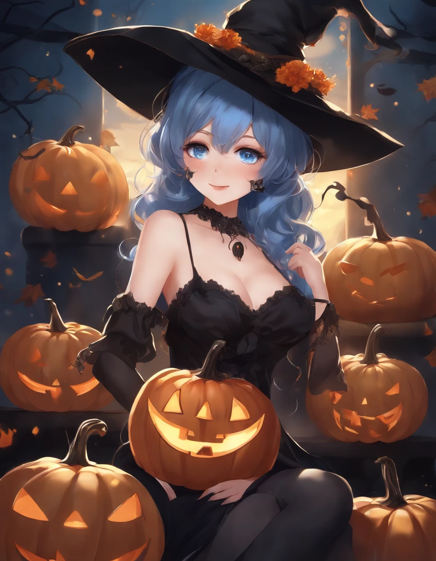 After-lit fireworks、Blue-haired、Twin-tailed、A woman in a revealing black dress is holding a pumpkin in her hand, splash art anime loli, Ahegao, halloween art style, very detailed Artgerm, Trending in ArtStation pixiv, nightcore, pixiv, rem rezero, anime moe art style, flirty anime witch casting magic, Seductive Anime Girl, in a halloween style, Top Rated on pixiv