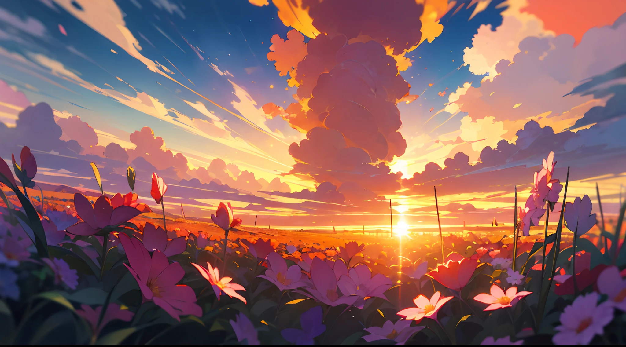 In the style of double exposure, a striking sunset would be captured inside a blooming flower. The image would be in a 16:9 aspect ratio, with a horizontal orientation that emphasizes the panoramic beauty of the natural world.