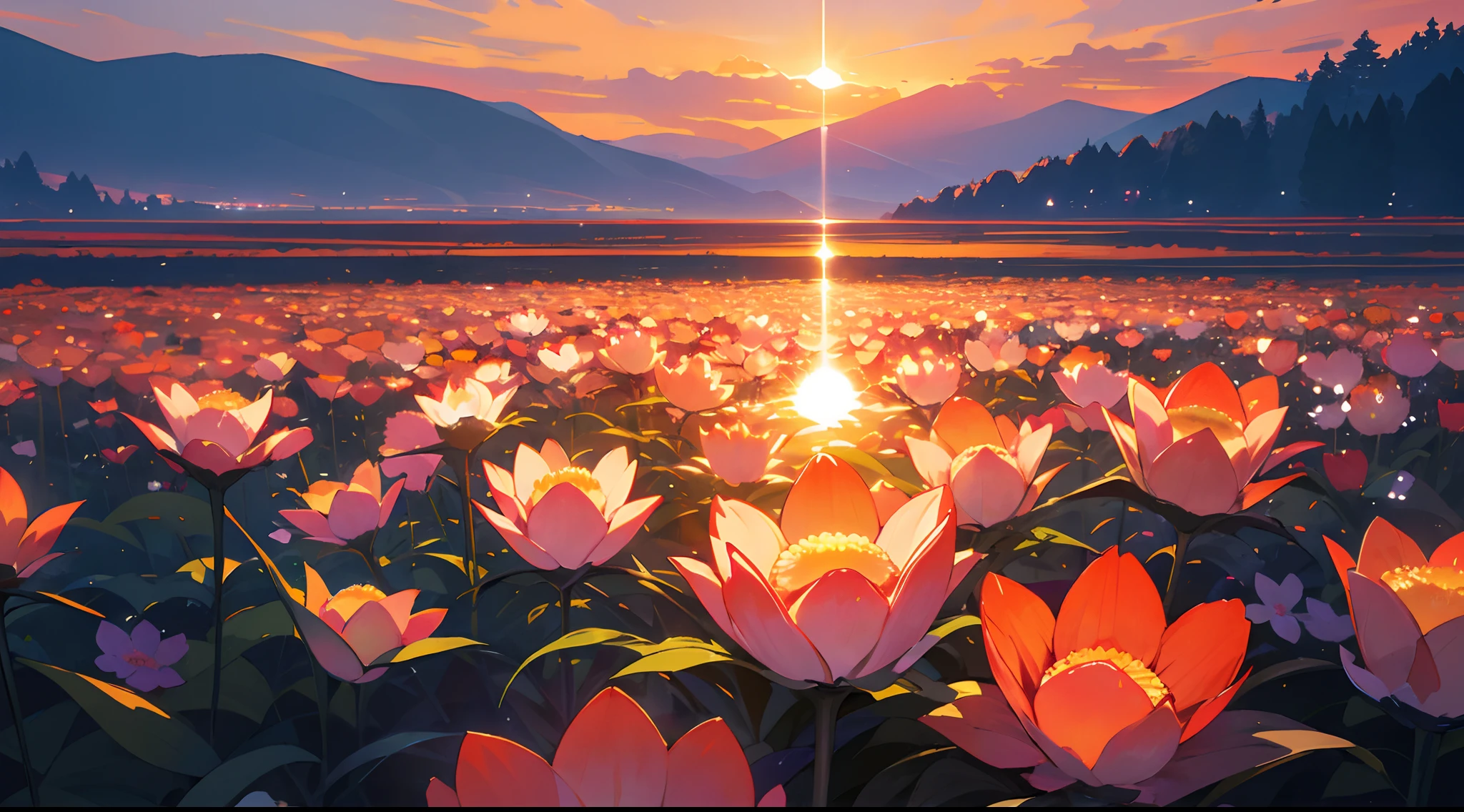 In the style of double exposure, a striking sunset would be captured inside a blooming flower. The image would be in a 16:9 aspect ratio, with a horizontal orientation that emphasizes the panoramic beauty of the natural world.