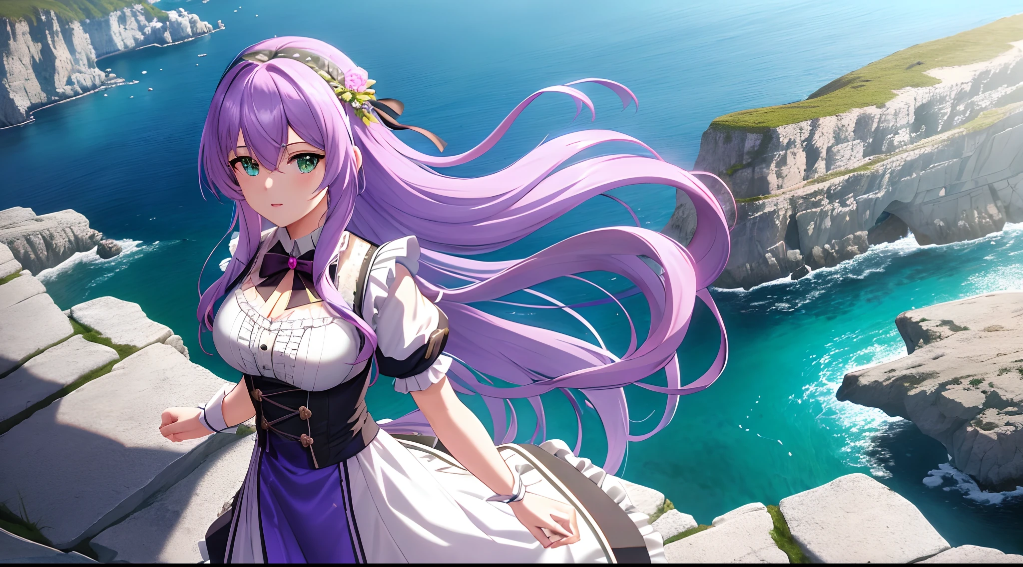 Athena with plain long light purple hair,hair between eyes,green eyes,rosy cheeks,full lips,thin eyebrows,slender body,wearing black maid uniform with frills and full long skirt,cute anime girl,full body,rocky cliffs shore in background,anime style,Lumen Reflections,Screen Space Reflections,Diffraction Grading,Chromatic Aberration,GB Displacement,Scan Lines,Ray Traced,Anti-Aliasing,FXAA,TXAA,RTX,SSAO,Shaders,OpenGL-Shaders, GLSL-Shaders,Post Processing,Post-Production,cell Shading,Tone Mapping,CGI,VFX,SFX,insanely detailed and intricate, 4K,standing, solo, masterpiece, best quality, detailed face, detailed eyes, highres, standing, solo,masterpiece, best quality