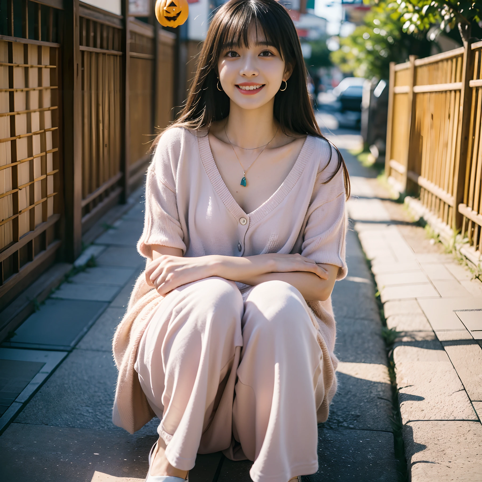 (A hyper-realistic), (illustratio), (hight resolution), (8K), (ighly detailed), (The best illustrations), (Beautiful detailed eyes), (top-quality), (ultra-detailliert), (masterpiece), (wall-paper), (详细的脸), (beautiful smiling face)、(Beautiful expression)、(A dark-haired)、(long)、 Black eyes、Earrings with bangs、a necklace、 独奏、Only 1 person、Teeth are visible、real looking skin、supermarket、(((Cute Japan Beautiful Girl)))、 ((Beautiful Japan girl 20 years old))、 (((Halloween attire)))、 (((Slender body)))、 ((Full body subject))、(The whole body is shown)、a small face、You can also see your feet and toes、Realistic hair、 photographed:Sony a7C、135 mm、1/1250 seconds、F2.8、ISO 4001 Girls, breezing, rays of sunshine,