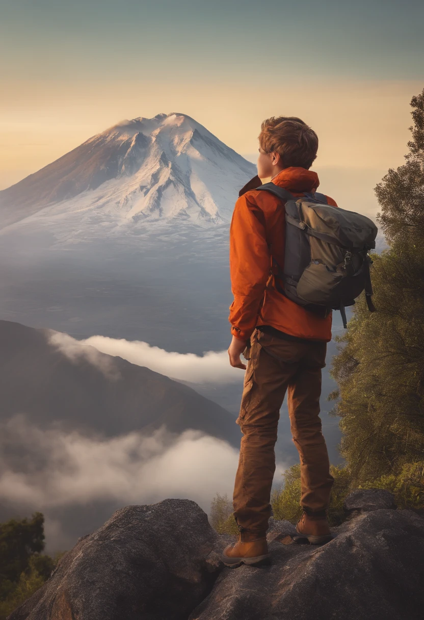 There is a cute boy standing on a mountain with a backpack on his back, mountains on background, with mountains in the background, mountains on background, standing in front of a mountain, wearing adventure gear, at the top of the mountain, at the top of the mountain, hiking clothes, Stand near a volcano, Against the backdrop of a volcano, Wearing adventurous gear,Beautiful and detailed anime art,A slight smil