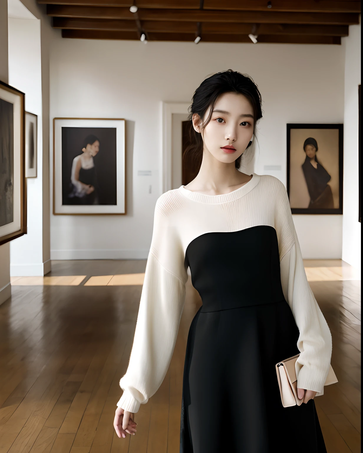 Cinematic Photo of a beautiful korean fashion model, 20 years old, perfect body, perfect skin, tied up hair, delicate face, fair eyes, small loose dress, knit long sleeve, small black handbag, good posture, standing, spacious art gallery setting, indoor setting, many people in the background, show full body, sunlight