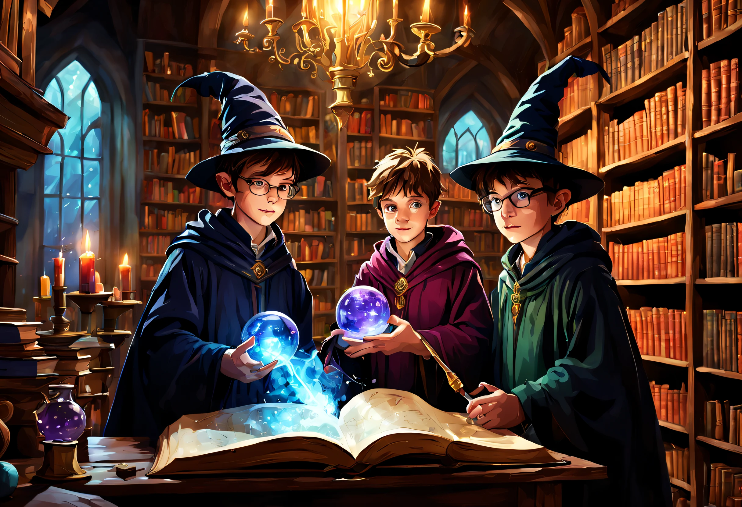 boys students of a magic academy,illustration,fantasy,mystical,enchanted,spellcasting,wand waving,robes,library,classroom,bookshelves,magical creatures,flying brooms,colorful spells,smoke and sparks,magic tricks,glowing orbs,magical incantations,concentration,learning,excitement,determination,curiosity,potion making,polyjuice potion,transfiguration,crowded corridors,magic exams,fairy lights,whispered secrets,ancient tomes,wizard hats,aged parchment,spellbooks,hidden passageways,training grounds,spells and potions lab,luminous potions,with unique labels,alchemy lab,mystical ingredients,unleashing powers,adventure awaits,budding wizards with extraordinary abilities,becoming master magicians.