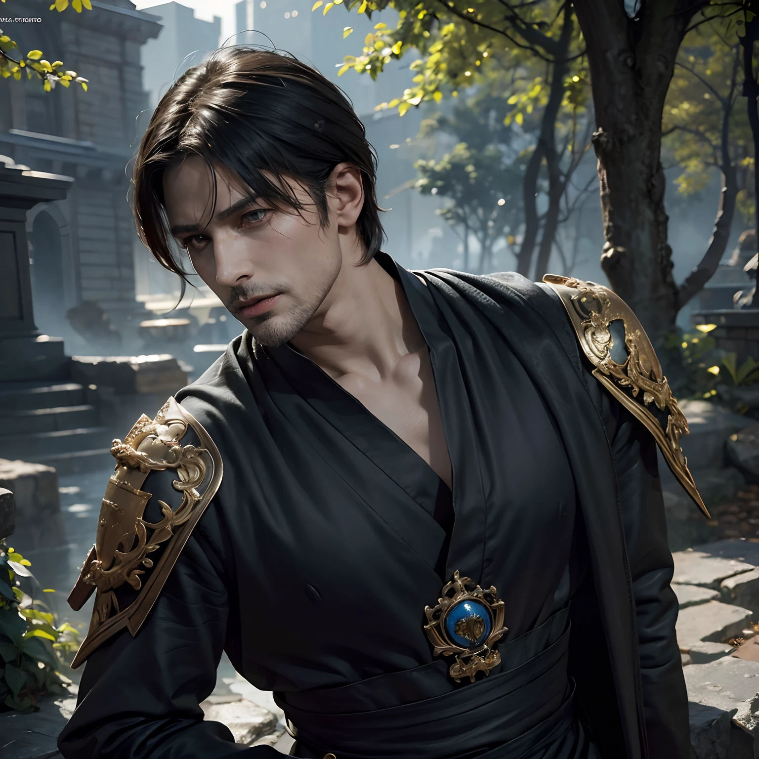 1man, young man, black short hair with back slit, young man, riverside, sunny day, knight, muscular, robe with golden lining, handsome young man, Leon Scott Kennedy, intricate, solo focus, realistic, dynamic pose realistic, , Mads Mikkelsen, detailed and correct facial structure, handsome, attractive, slightly muscular, cinematic lighting, unreal engine, trending on ArtStation, intricate details, masterpiece, best quality, by Irakli Nadar, Greg Rutkowski，(((best quality))),(((ultra detailed))),(((masterpiece)))