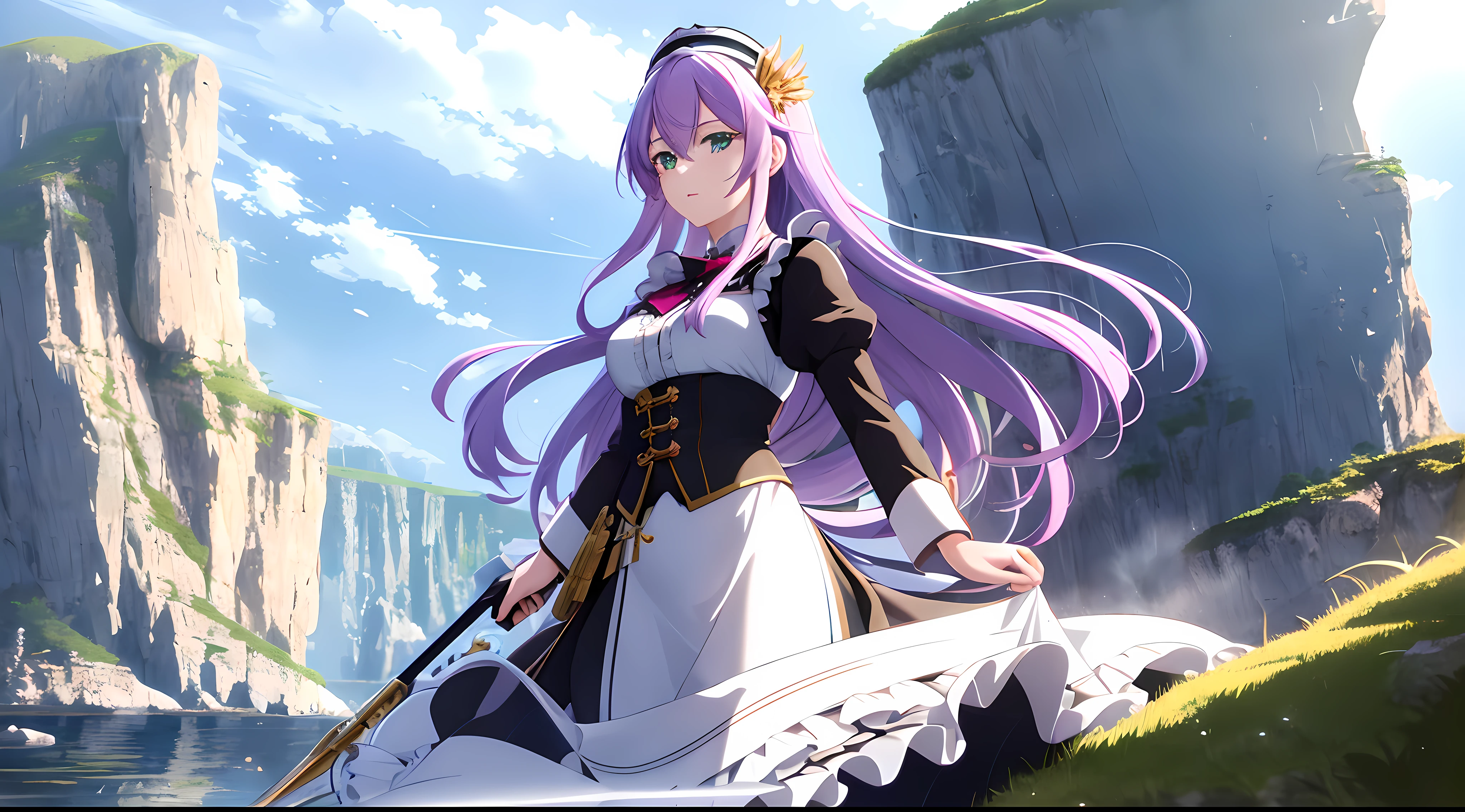 Athena with plain long light purple hair,hair between eyes,green eyes,rosy cheeks,full lips,thin eyebrows,slender body,wearing black maid uniform with frills and full long skirt,cute anime girl,full body,rocky cliffs shore in background,anime style,Lumen Reflections,Screen Space Reflections,Diffraction Grading,Chromatic Aberration,GB Displacement,Scan Lines,Ray Traced,Anti-Aliasing,FXAA,TXAA,RTX,SSAO,Shaders,OpenGL-Shaders, GLSL-Shaders,Post Processing,Post-Production,cell Shading,Tone Mapping,CGI,VFX,SFX,insanely detailed and intricate, 4K,standing, solo, masterpiece, best quality, detailed face, detailed eyes, highres, standing, solo,masterpiece, best quality