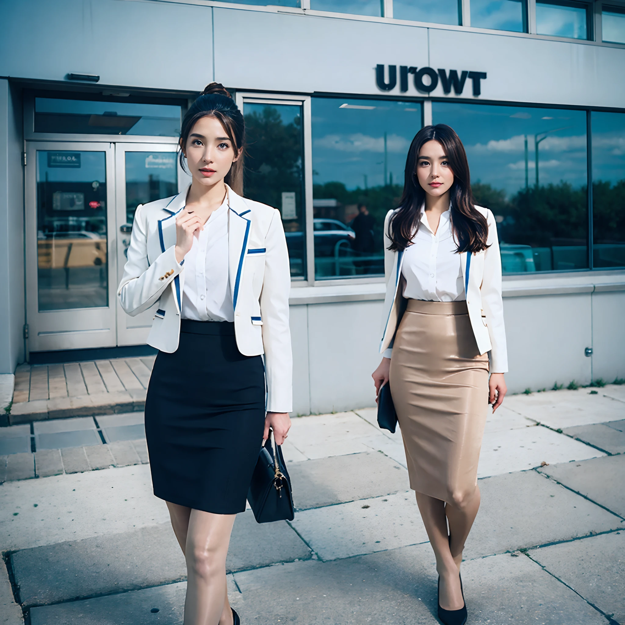 {{Mature female, Caucasians}}, Extremely detailed, Medium breasts, Brown hair, On the prairie，flight attendant, uniform, white suit jacket, a blue tie, Blue skirt, Medium skirt, pencil skirts, high-heels, Best quality, High quality, {{{{Crowded, Multiple girls, thousands of sisters, millions of sisters,Billions of sisters, clone, Doppelganger, matching outfits, matching hairstyle}}}}, full bodyesbian