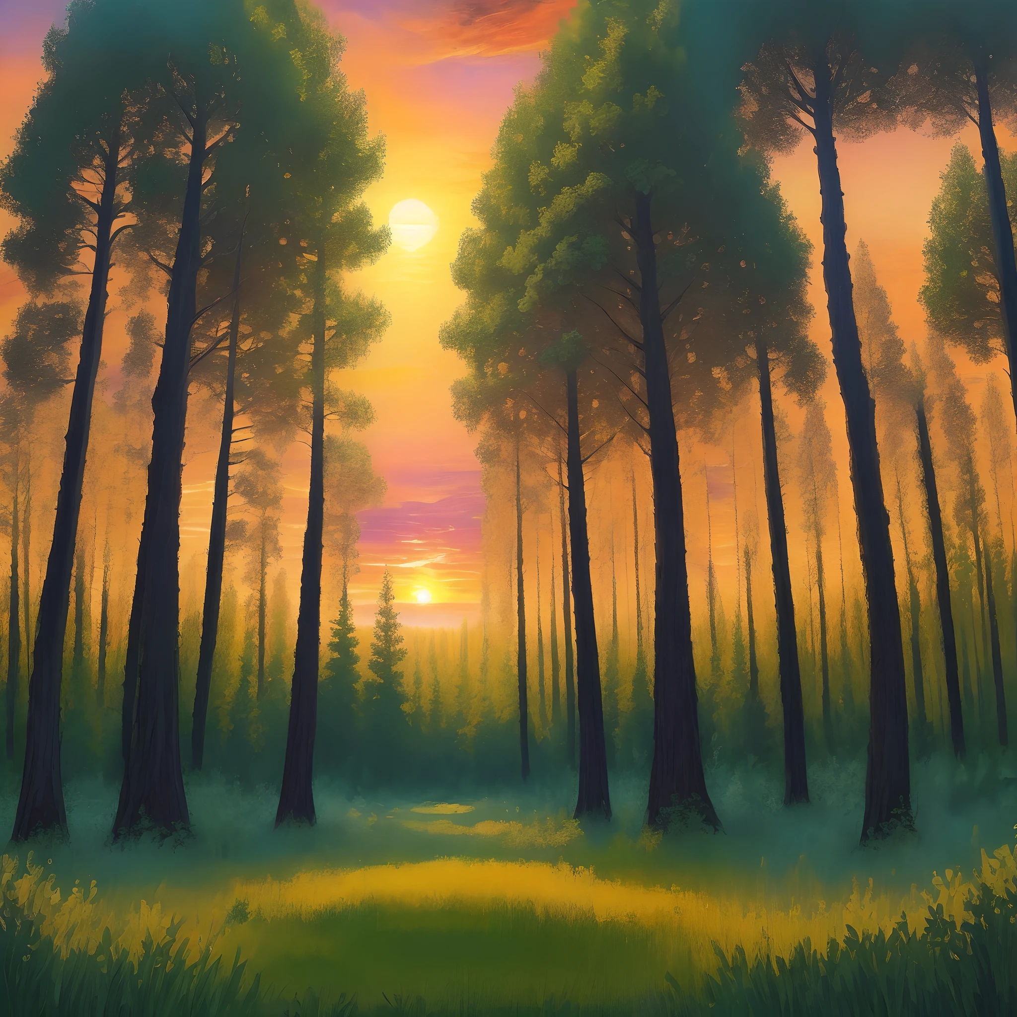 baroque style sunset in the forest, painting with kaleidoscopic touches, in the style of Claude Monet