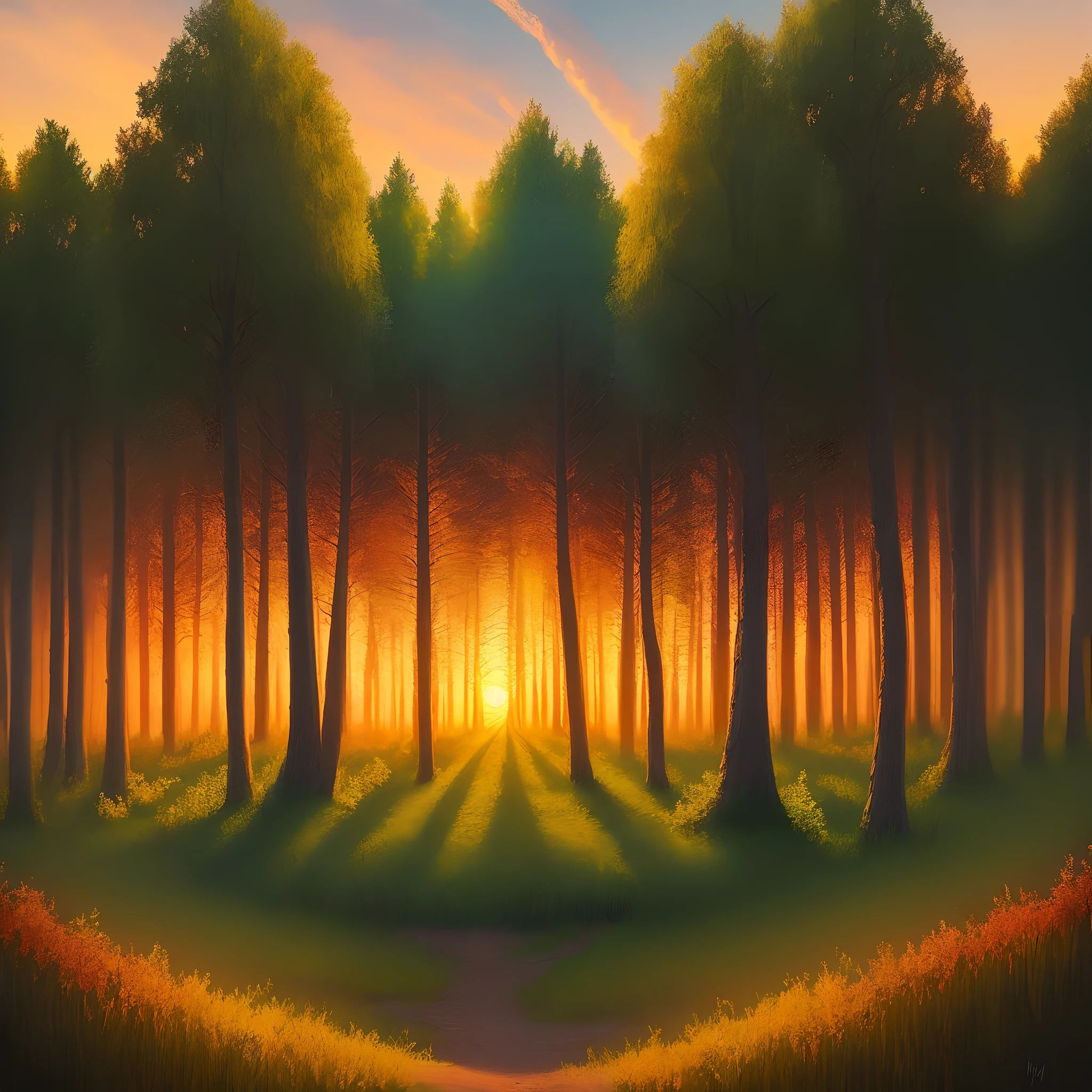 baroque style sunset in the forest, painting with kaleidoscopic touches, in the style of Claude Monet