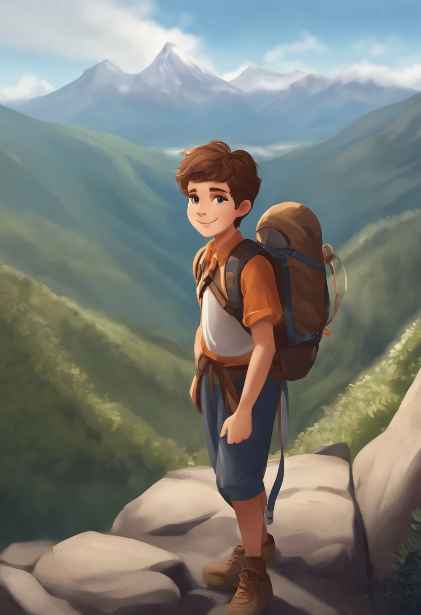 There is a cute boy standing on a mountain with a backpack on his back, mountains on background, with mountains in the background, standing in front of a mountain, wearing adventure gear, at the top of the mountain, at the top of the mountain, hiking clothes, Stand near a volcano, Against the backdrop of a volcano, Wearing adventurous gear,Beautiful and detailed anime art,A slight smil,facing front