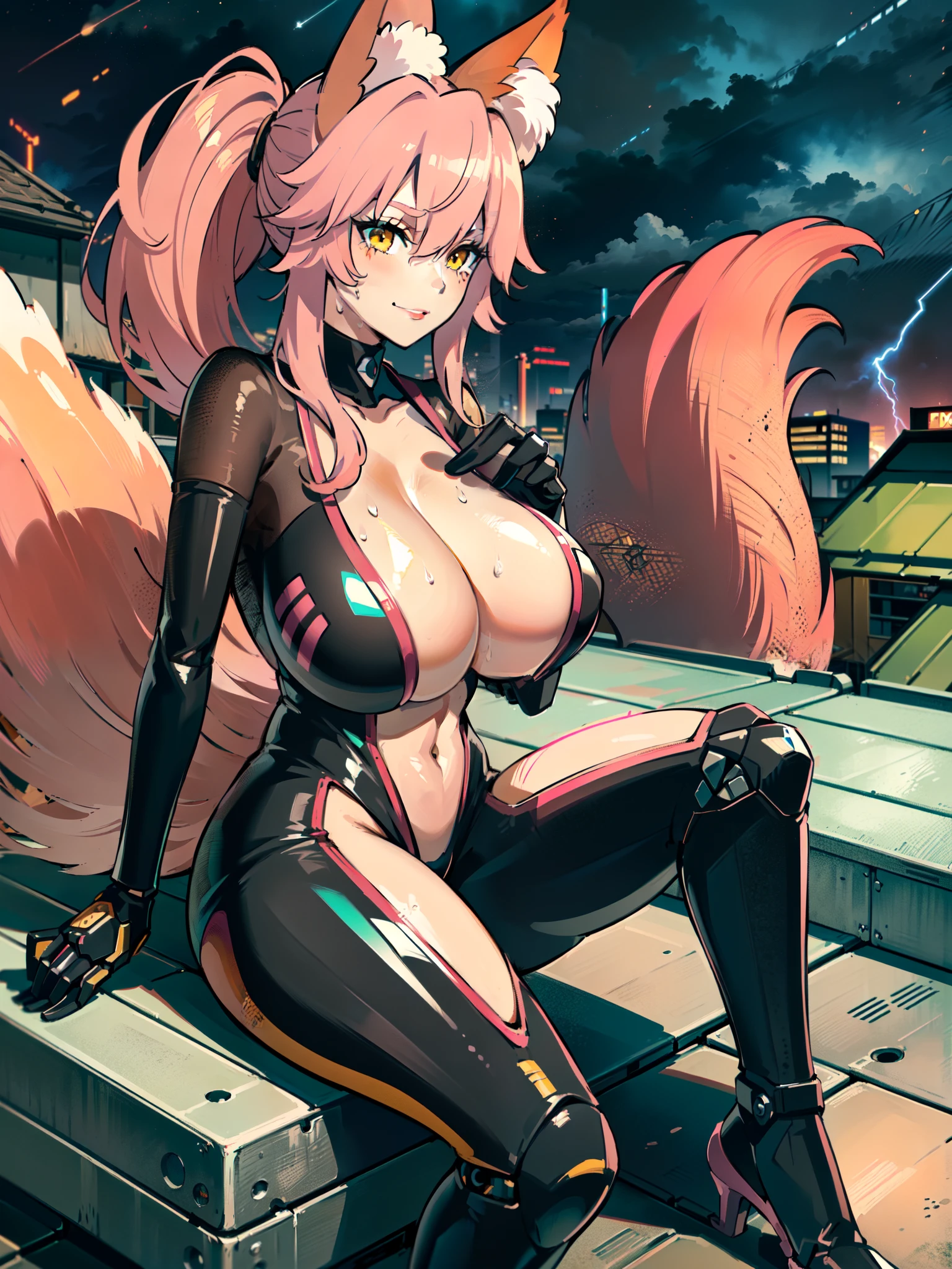 masterpiece, best quality, extremely detailed, 1girl, mature female, solo, koyanskaya, (huge breasts:1.2) , parted lips, (((pink hair, yellow eyes, long hair, fox tail, fox ears))), (((black plugsuit, mechanical arms, mechanical legs))), ((naughty smile), closed mouth), sweaty, ((sitting on the bench, rooftop, dark sky, storm clouds))