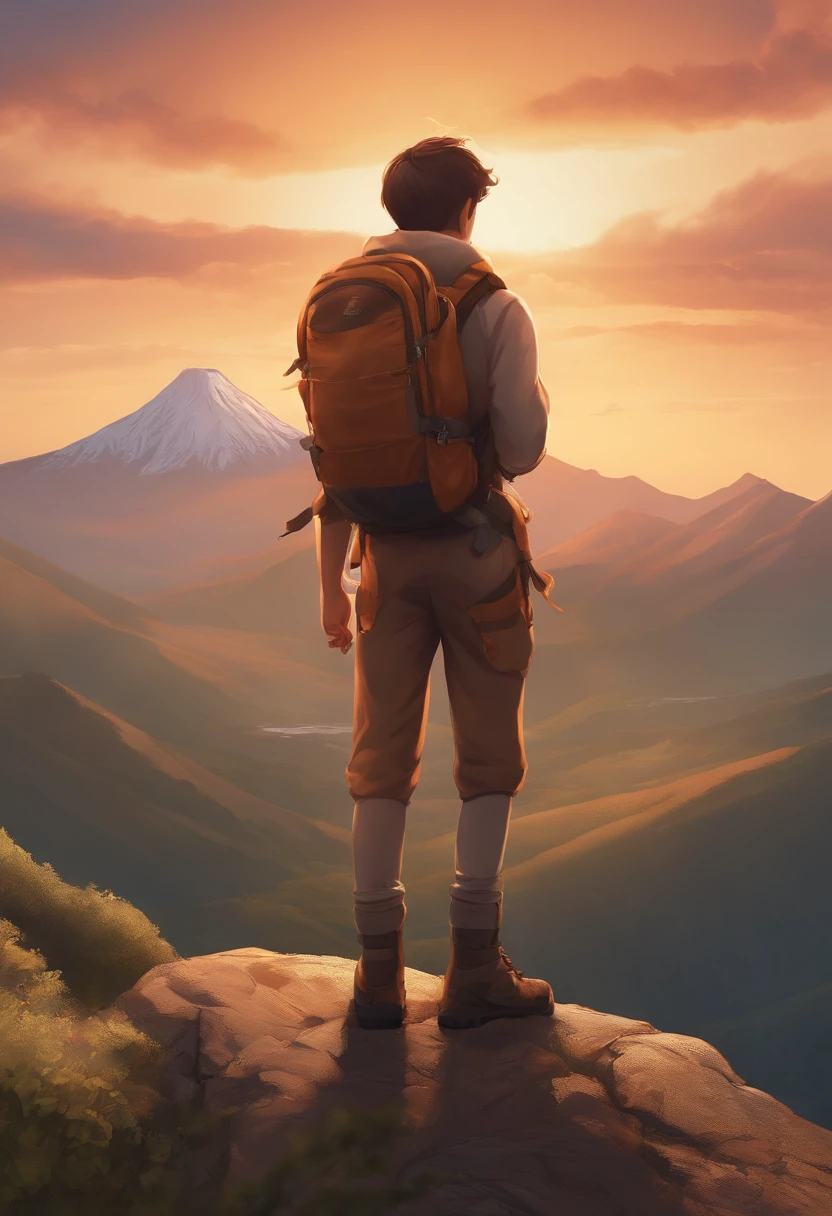 There is a cute boy standing on a mountain with a backpack on his back, mountains on background, with mountains in the background, standing in front of a mountain, wearing adventure gear, at the top of the mountain, at the top of the mountain, hiking clothes, Stand near a volcano, Against the backdrop of a volcano, Wearing adventurous gear,Beautiful and detailed anime art,A slight smil,facing front,Mascot character,baby