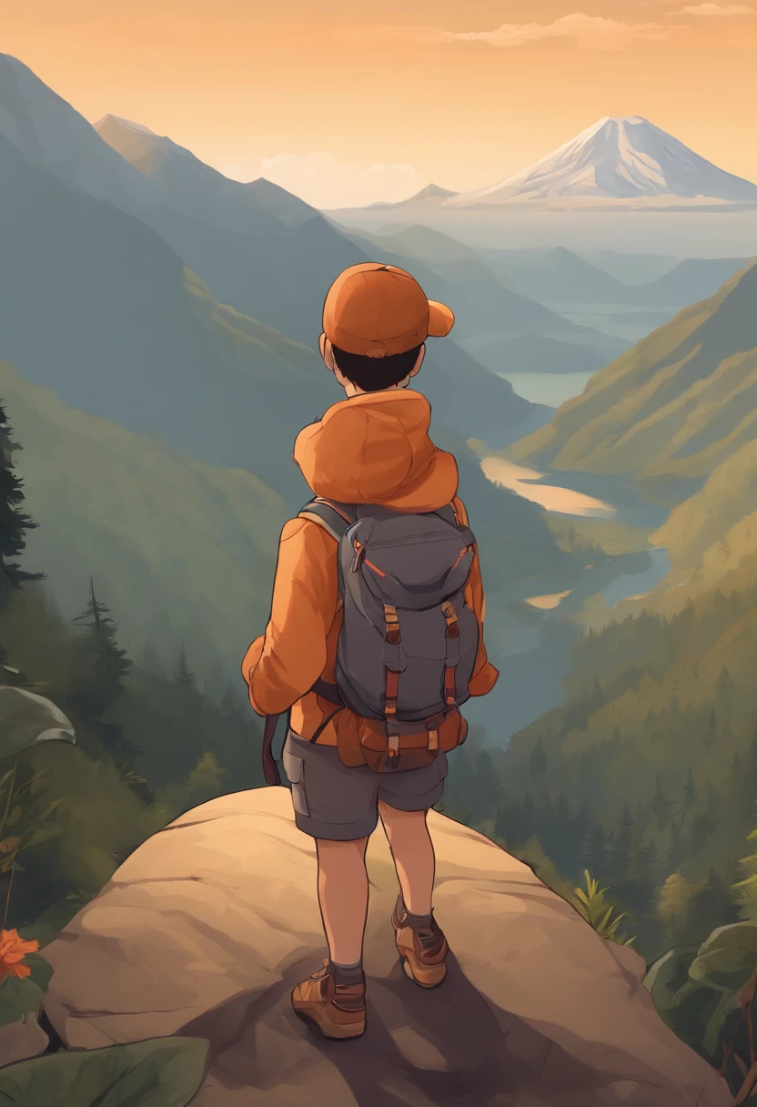 There is a cute boy standing on a mountain with a backpack on his back, mountains on background, with mountains in the background, standing in front of a mountain, wearing adventure gear, at the top of the mountain, at the top of the mountain, hiking clothes, Stand near a volcano, Against the backdrop of a volcano, Wearing adventurous gear,Beautiful and detailed anime art,A slight smil,facing front,Mascot character,