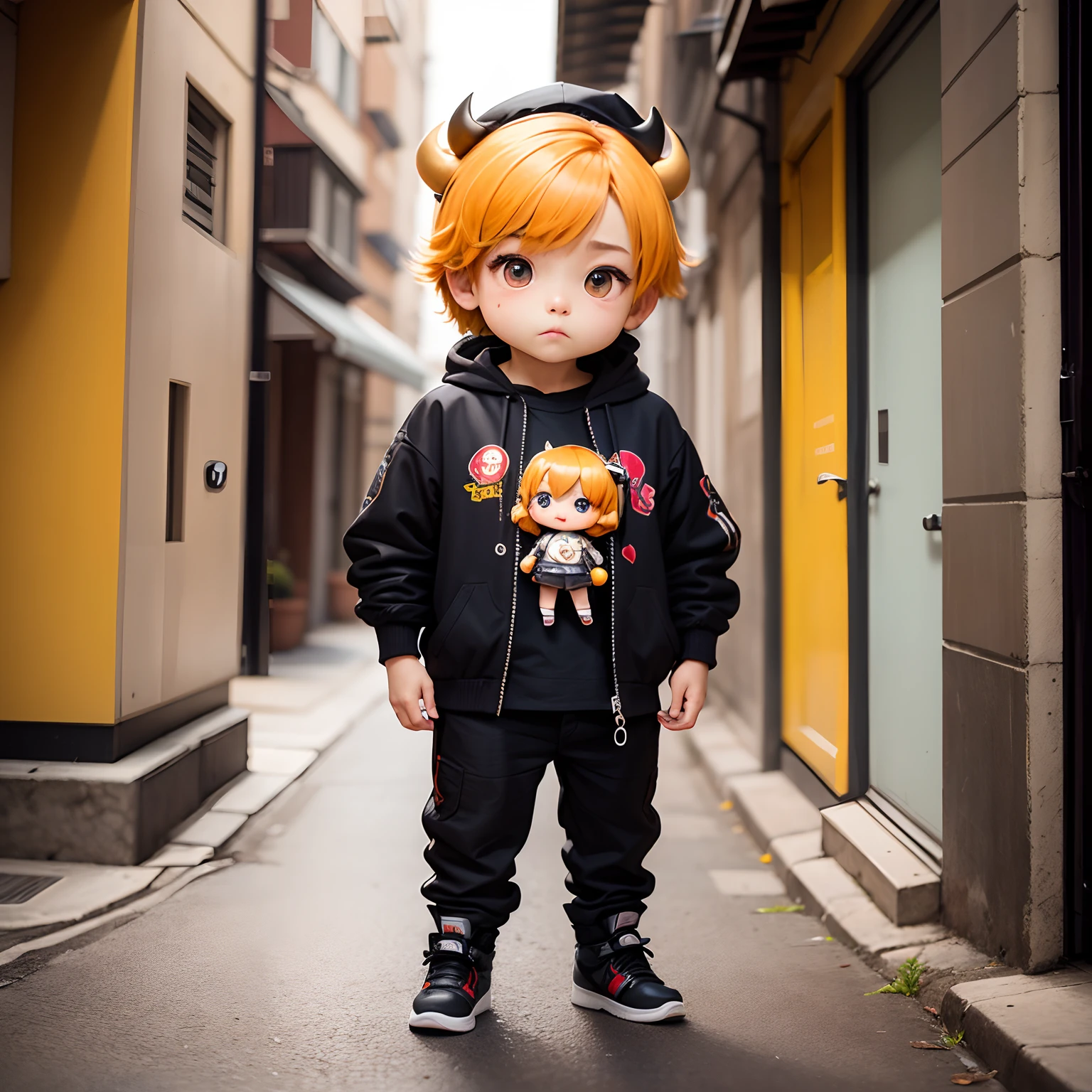 masterpiece、top-quality、ultra-detailliert、(Chibi Chara Buffalo:1.2)、The man with the face of buffalo Solo、street fashion、Full-body standing figure、