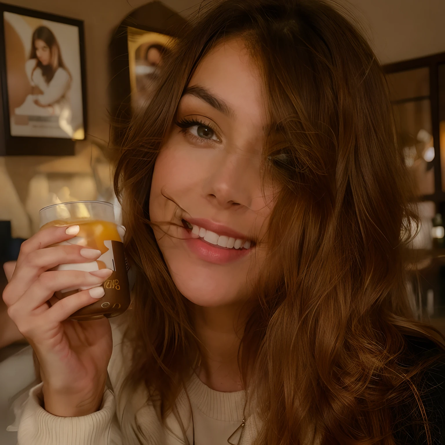 Beautiful brunette with blonde highlights in a beige sweater (in a café drinking soft drinks), muy detallado, 22year old, Cara inocente, 32d pecho, con un vestido ?????, cabello ondulado natural, ojos azules, High resolution, Obra maestra, La mejor calidad, Intrincado alto detalle, Altamente detallado, foco nítido, Piel detallada, textura realista de la piel, textura, ojos detallados, profesional, 4k, sonrisa encantadora, filmado en Canon, 85 mm, poca profundidad de campo, Kodak Vision Color, Cuerpo de ajuste perfecto, extremadamente detallado, Cinematographer_\(ultra\), photoreallistic, Realstic, Postproceso, Maximum details, aspereza, vida real, ultra realista, Fotorrealismo, Cinematographer, 8k UHD, Cinematographer