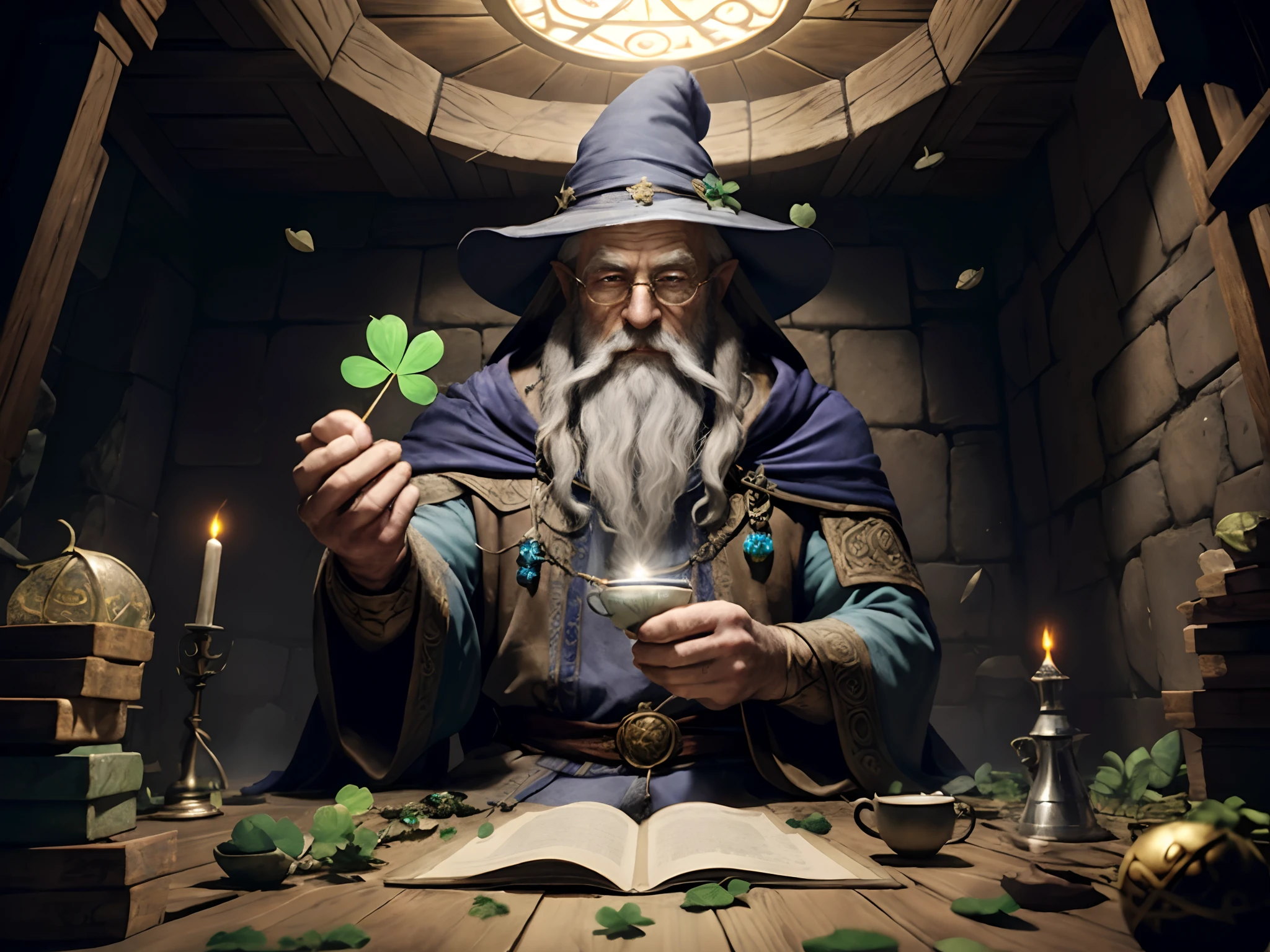 (Dynamic image of a old man in robes and two pair of glasses and wizard hat with tea leaves and four-leaf-clovers surrounding him, holding one of his hands outwards and the other holding a cup of tea, runes forms out of his palm, four leaf clover pin, long grey beard:1.5 )chiaroscuro, morning dew glow, sunrays, gandalf, wise, Wizard, high contrast, (natural skin texture, hyperrealism, soft light, sharp),(illustration:1.1), (extremely detailed CG,32k wallpaper:1.1), ((top quality, 32k, masterpiece: 1.3)), realistic lightning, magic runes on floor, floor, wall, magic runes on wall, ceiling, high ceiling, magic runes on ceiling, medieval high fantasy, golden fantasy, aetherpunk, breath of the wild, dungeons and dragons, dungeons & dragons, warlock,mage,wizard,sorcerer,the alliance, the alliance wow, TERA, stormwind, rings of power, lord of the rings, dalaran, communism, ahn'qiraj, spellcaster,