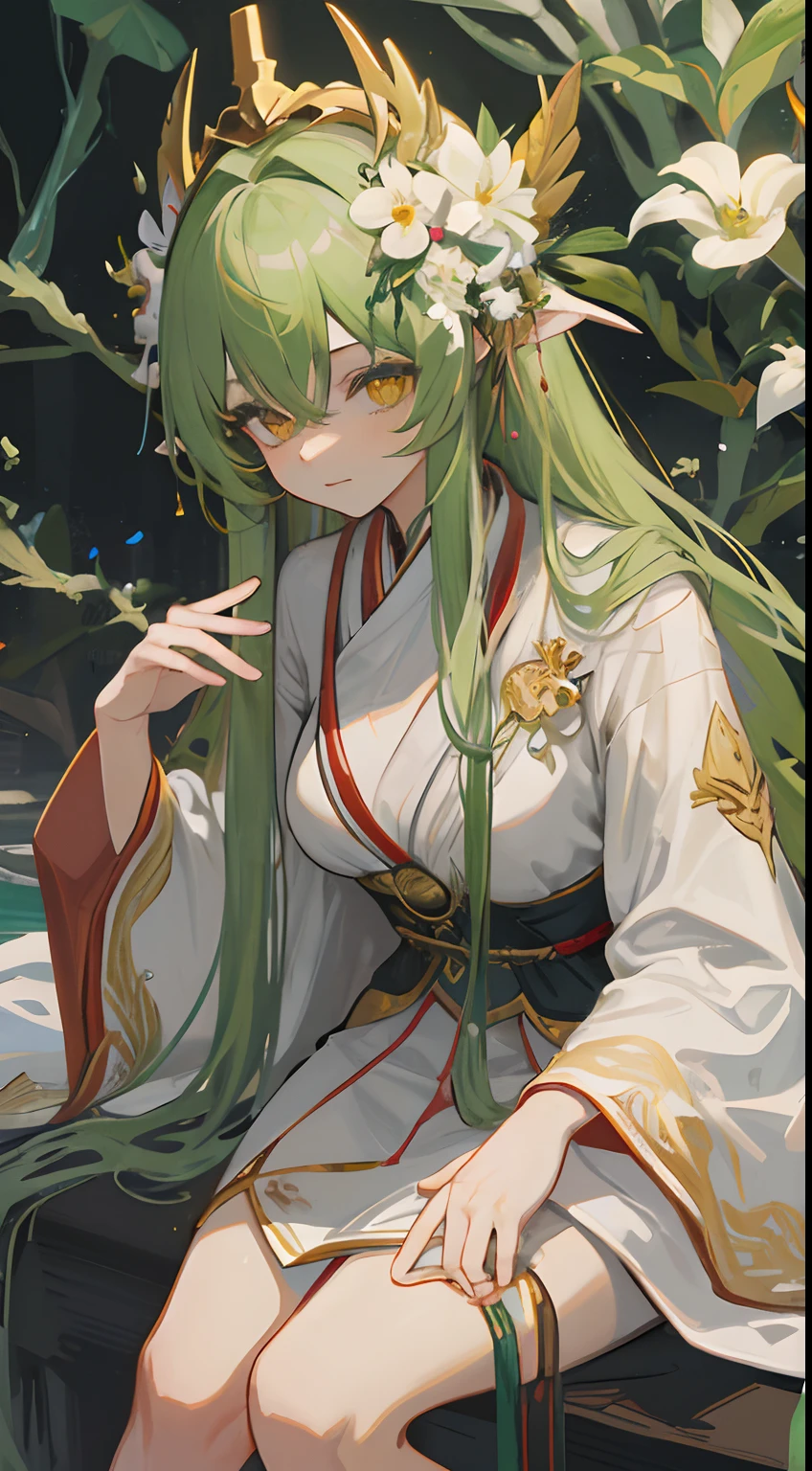1 milf, Green long hair, Golden Eyes, White sage robe, She has white flowers on the head and medium