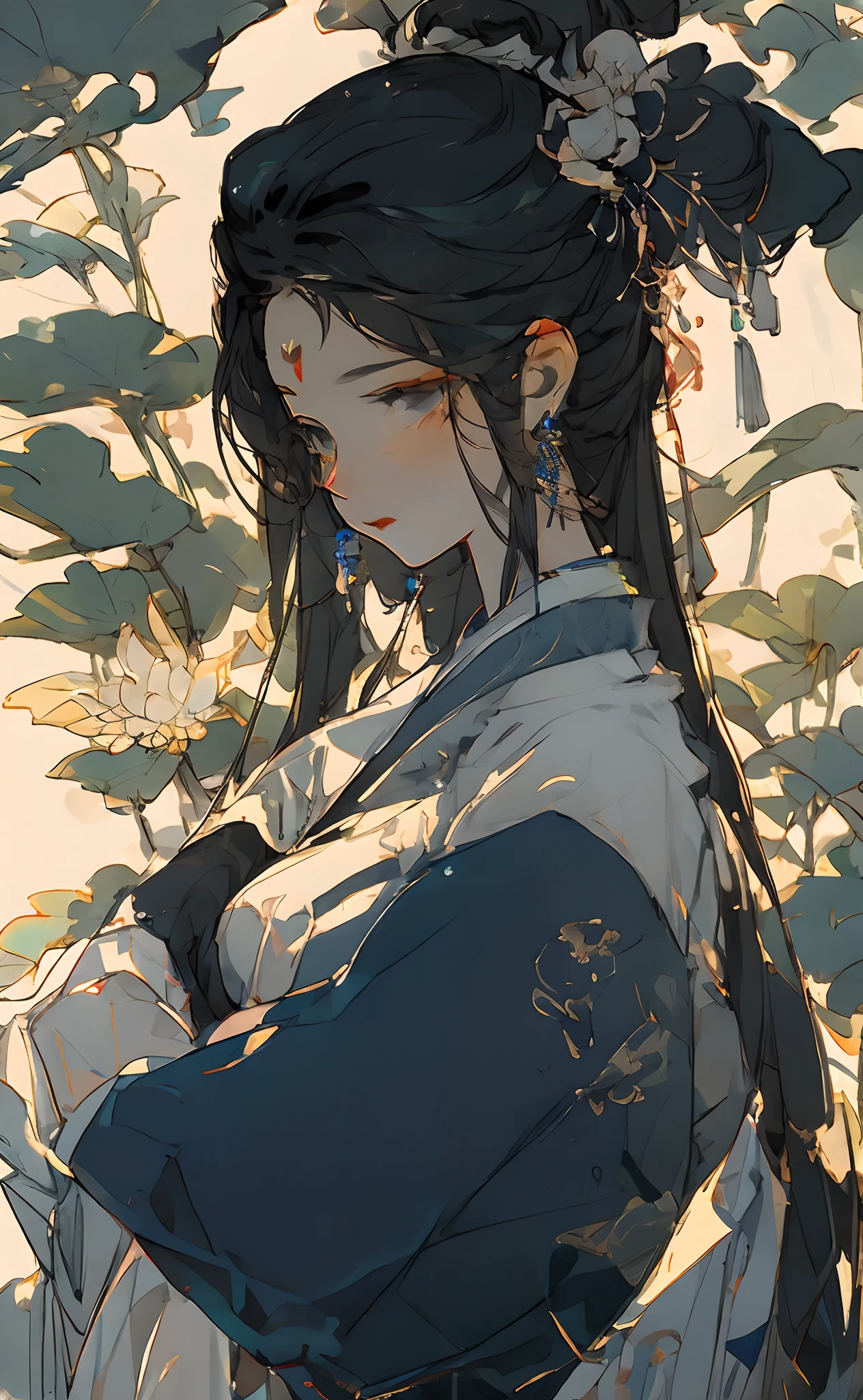 Ancient Chinese beauty sitting on stone, wearing ancient Chinese costume, flowing blue tulle, light silk, lazy pose, large lotus leaves, lotus flowers, ink painting style, clean colors, decisive cutting, white space, freehand, masterpiece, super detailed, epic composition, high quality, highest quality, 4k --v 6