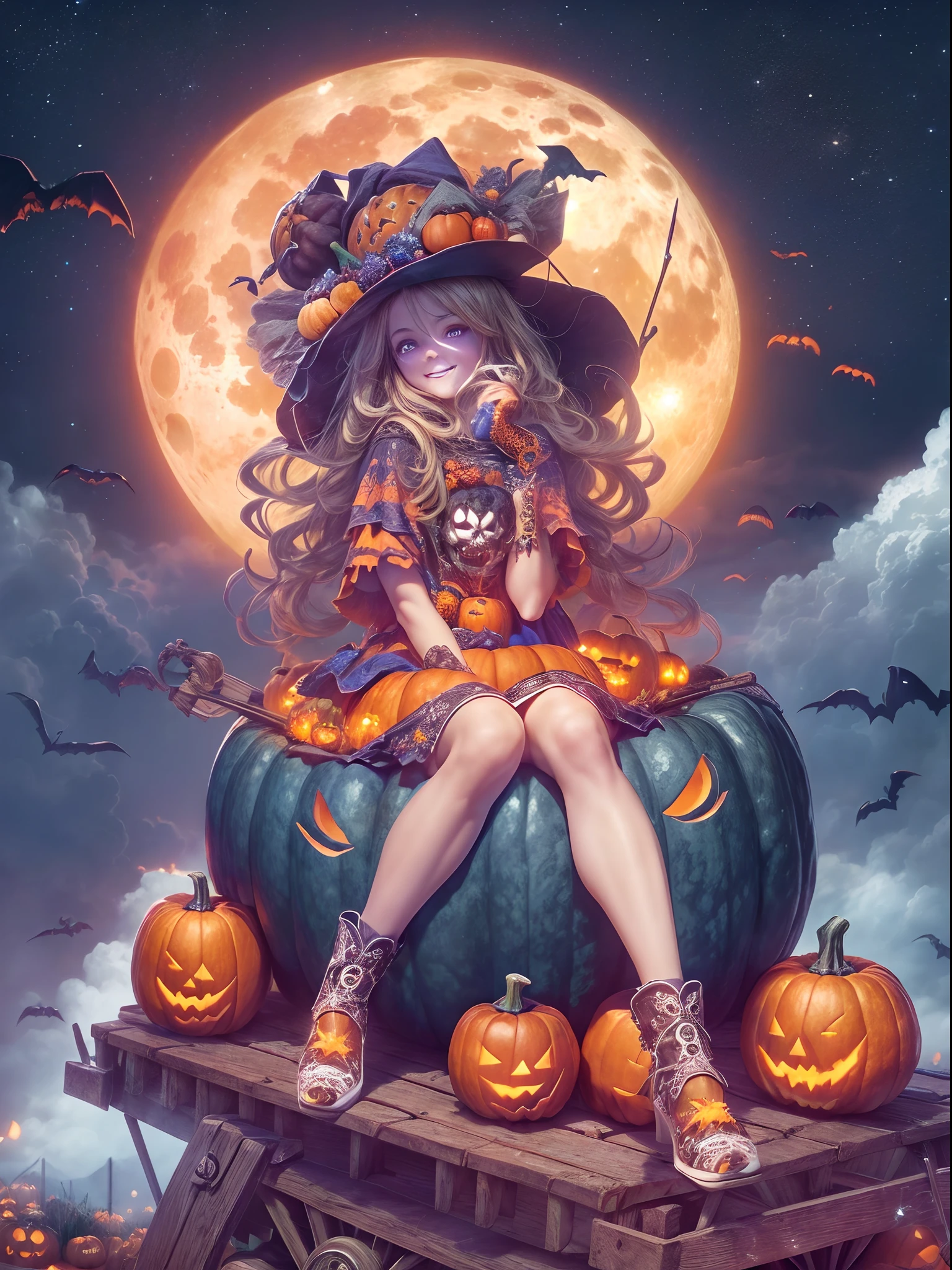 (Happy girl sitting on pumpkin wagon on mountain), Skull makeup,Halloween Blue Night, Super realistic, Glowing orange pumpkin carriages, (large moon),Pumpkins on the mountain, Cloudy sky, Detailed art, film art, 24K Ultra HD resolution, Blurred background, hyper-high detail