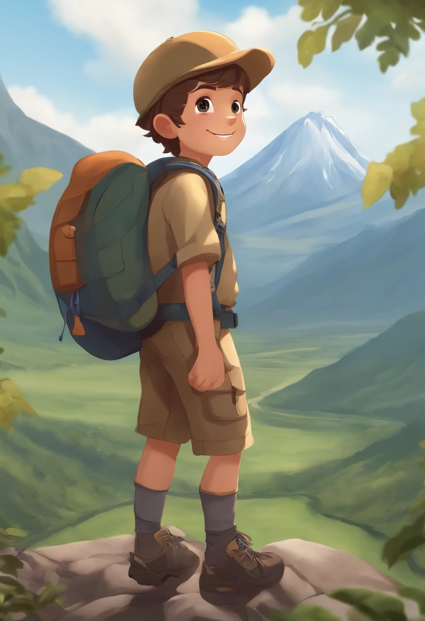 There is a cute boy standing on a mountain with a backpack on his back, mountains on background, with mountains in the background, standing in front of a mountain, wearing adventure gear, at the top of the mountain, at the top of the mountain, hiking clothes, Stand near a volcano, Against the backdrop of a volcano, Wearing adventurous gear,Beautiful and detailed anime art,A slight smil,Smiling at me,Mascot character,animesque,About 4 years old