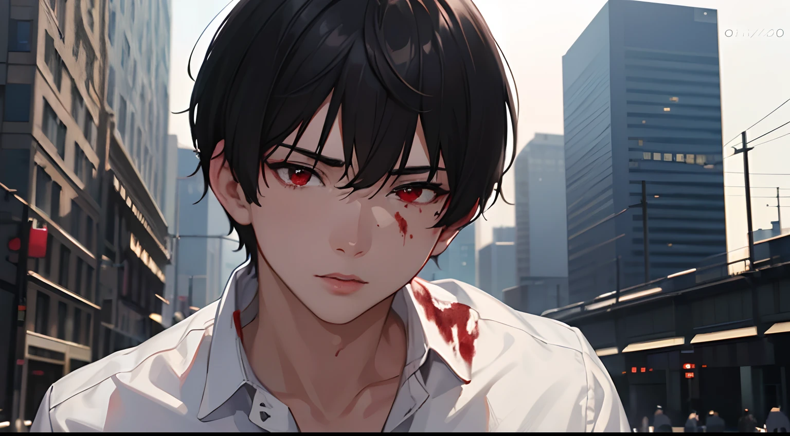 masterpiece, best quality, 1boy, red eyes, black hair, short hair, white shirt, covered in blood, city background, detailed eyes, detailed facial features, realistic and high resolution (best quality, 4k, 8k, highres, masterpiece:1.2)