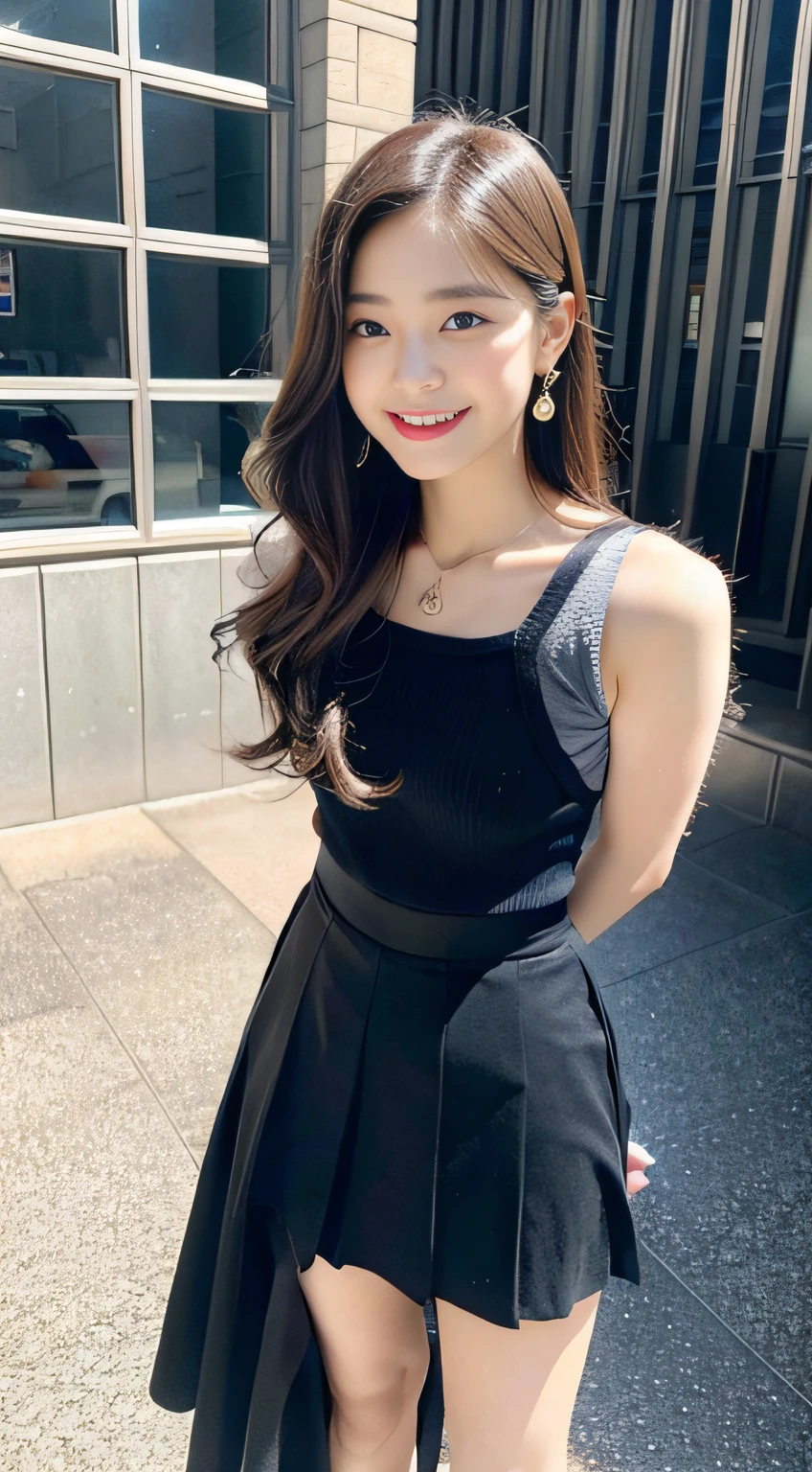 ((Top Quality, 8k, Masterpiece: 1.3)), 1 Girl, Smile, Full Body, Slim Face, Pretty Woman, (Dark Brown Hair), Full-Length Dress: 1.1, Ultra Detailed Face, Detailed Eyes, Double Eyelids, Blurred Background, Slim Face, City, Outside, Street, Cute, T-Shirt
